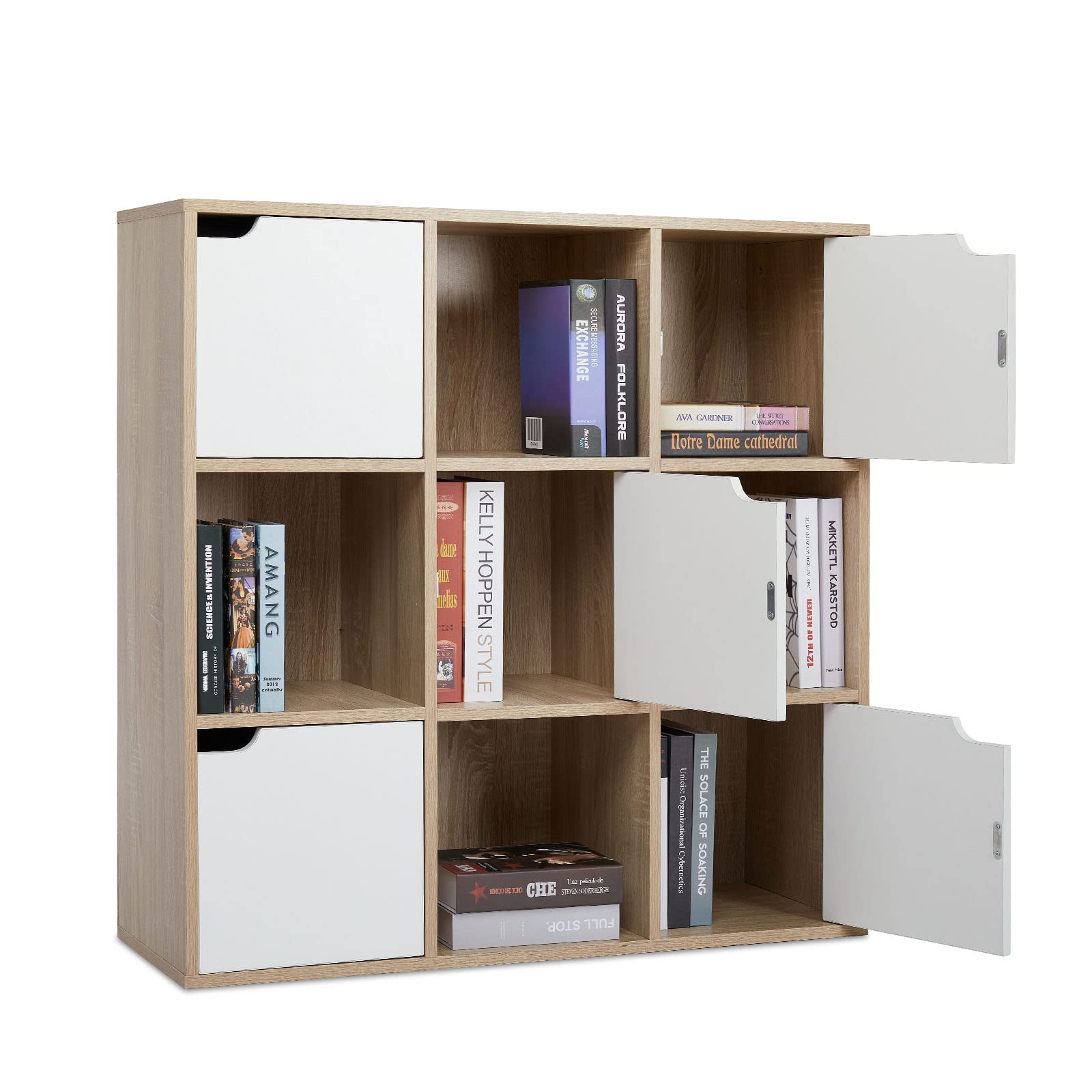 Meerveil Étagère de Rangement 9 Cubes Bibliothèque en Bois Armoire de Rangement, Inclus 4 Cubes Ouvertes et 5 Cubes avec Portes pour Salon Bureau Style Moderne, Chêne