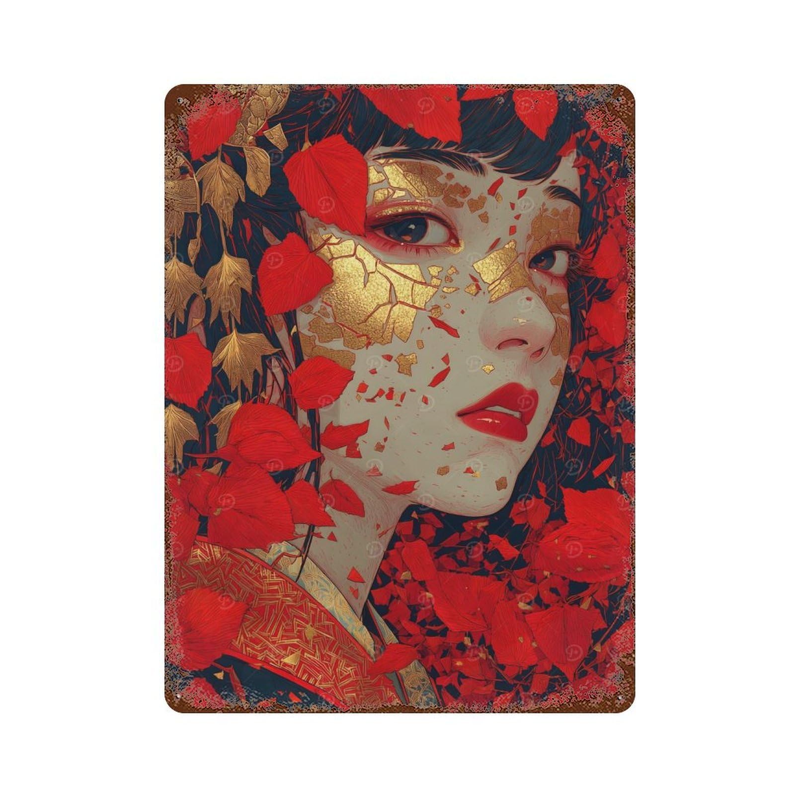Kintsugi Woman Portrait Decorative Tin Sign 15.7"x11.8", Shabby Chic Decor for Garage, Pub Or Kitchen