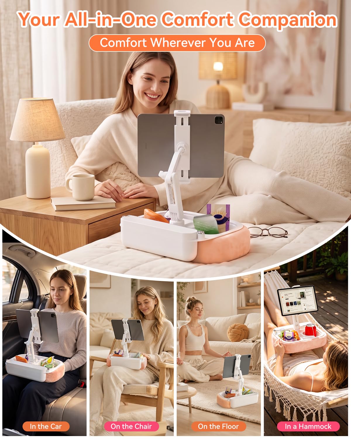 Supporto Cuscino iPad per Letto e Grembo – [270° 360° Regolabile][Rimovibile], Supporto Tablet a Mani Libere con Vassoi Snack, Rosa, Compatibile con iPad 5,4-8,8", Kindle, Telefono, Switch
