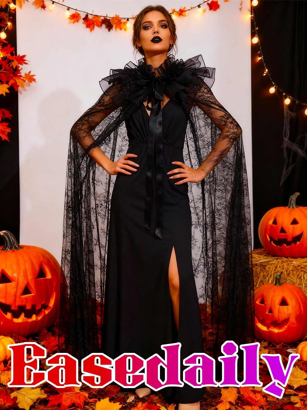 EASEDAILY Black Lace Cape Gothic Cloak Witch Halloween Costume Cosplay Capelet Long Robe for Women and Girls - Image 2