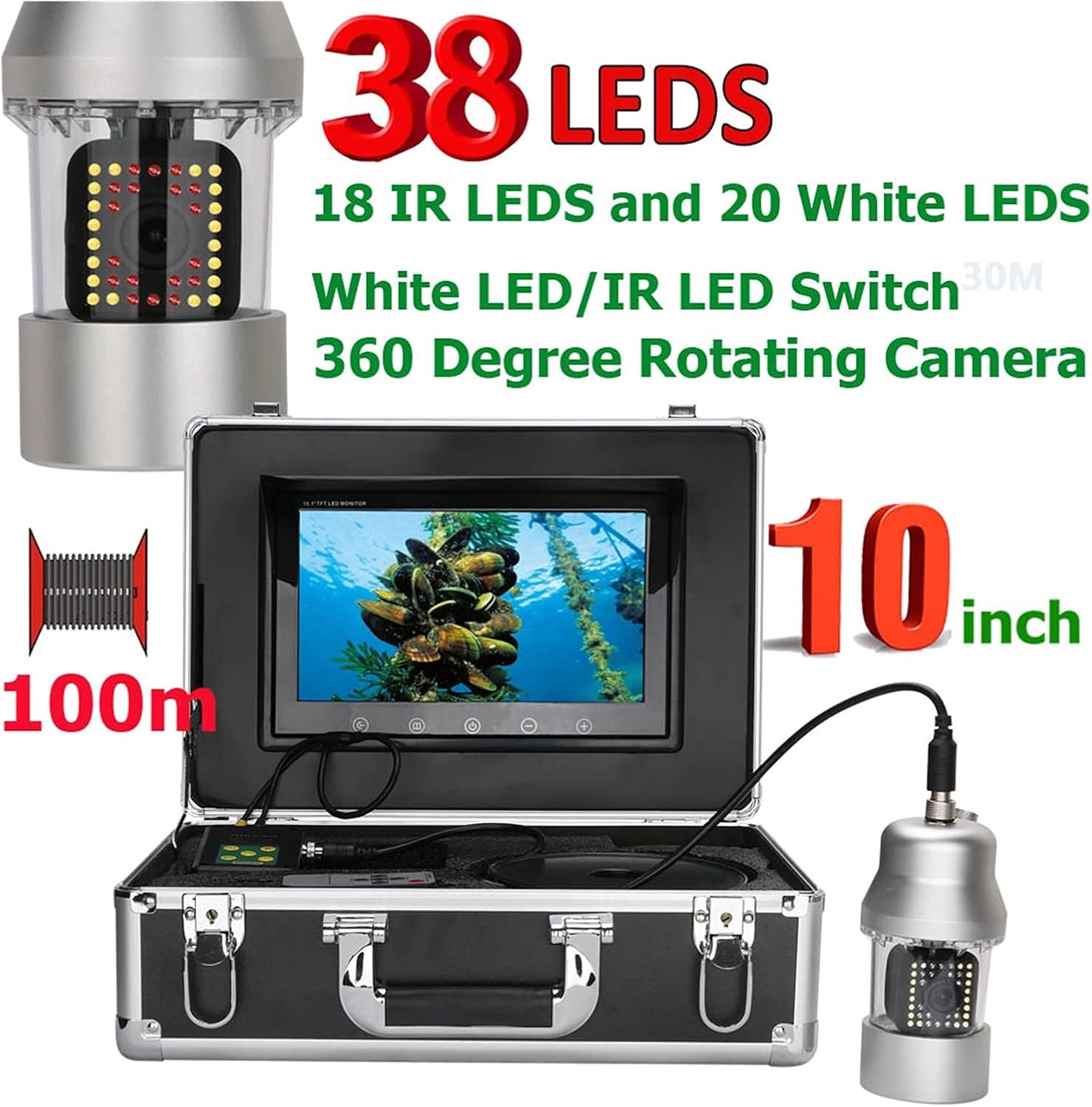 Depth Finders 10 Inch 20m/50m/100m Underwater Fishing Video Camera Fish Finder IP68 Waterproof 38 LEDs 360 Degree Rotating Camera for Recreational Fishing