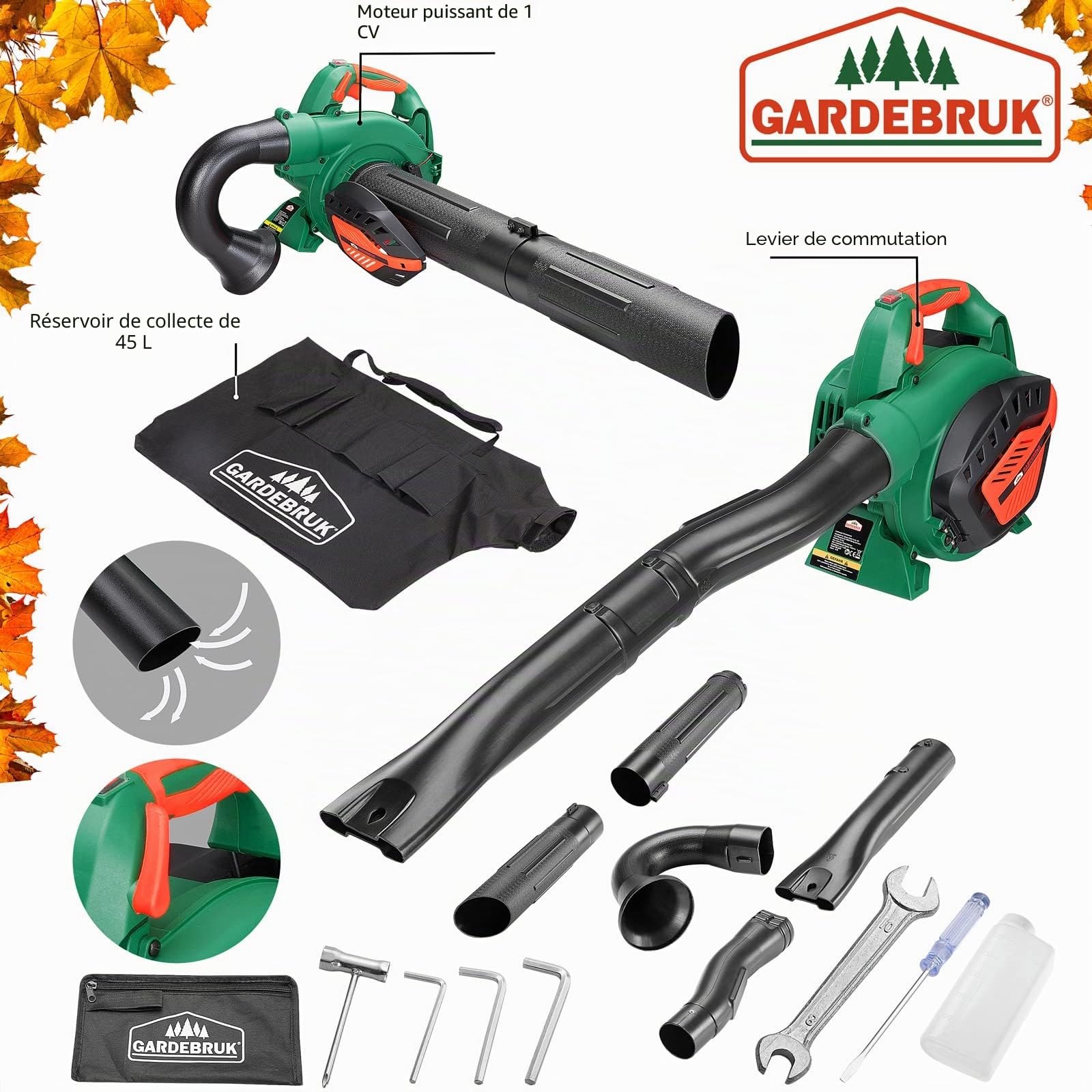 Souffleur de Feuilles 4en1 Essence air 68m/s Sac 45L Outils Inclus aspirateur de Feuilles broyeur végétaux souffleur Jardin