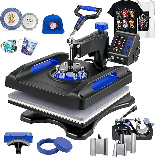 VEVOR Heat Press Machine 8 in 1 Combo - 15x15 Tshirt Press Machine with Tumbler Press, 360° Swing Away Digital Multifunction Heat Transfer Sublimation for Printing T Shirts Mug Hat Plate Cap, Blue