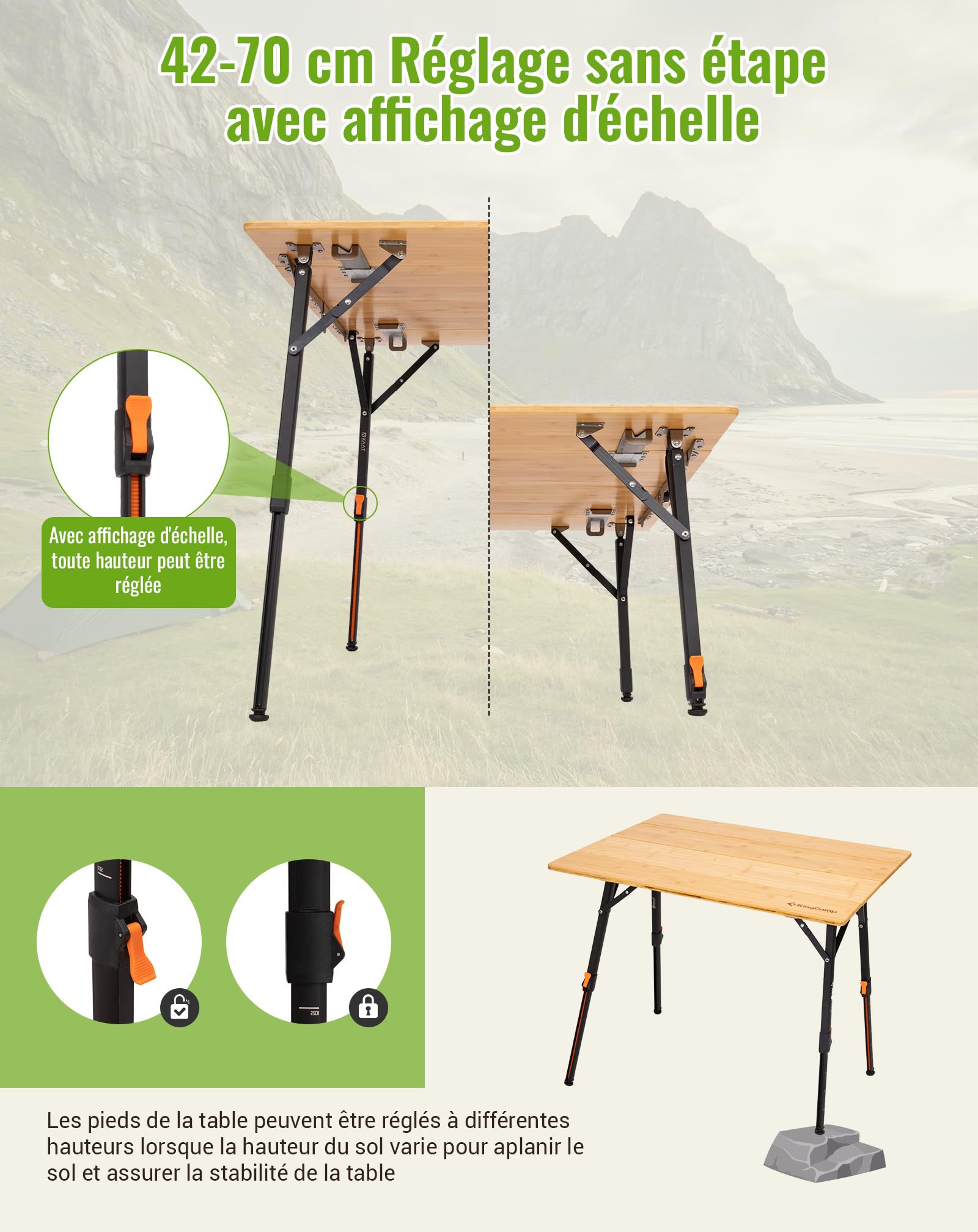 KingCamp Table de Camping Bambou 100x70 cm Table Pliante Hauteur Réglable 42~70 cm pour 2 à 6 Personnes Table de Camping Pliable 4 Foiss Capable de Supporter Jusqu'à 80 kg