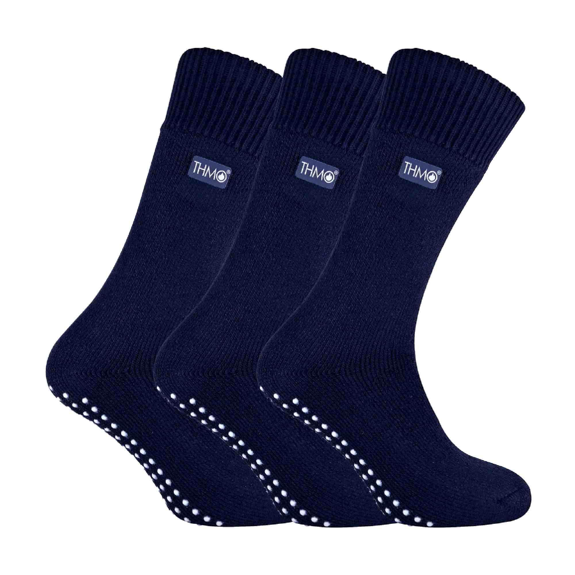 Thmo Men's Navy 3 Pairs Fleece Lined Slipper Socks Breathable Crew Indoor Socks With Grippers