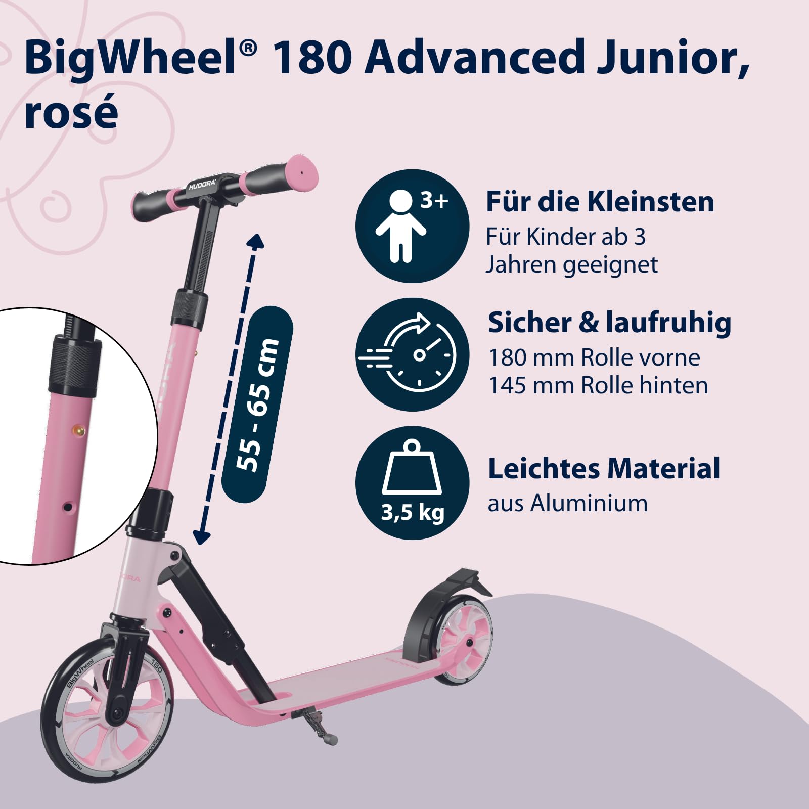 HUDORA BigWheel 180 Advanced Junior - Hochwertiger und sicherer Kinder Roller ab 3 Jahre - Zusammenklappbarer Kinderscooter mit Reflektoren - Höhenverstellbarer Mini Scooter für Jungen und Mädchen