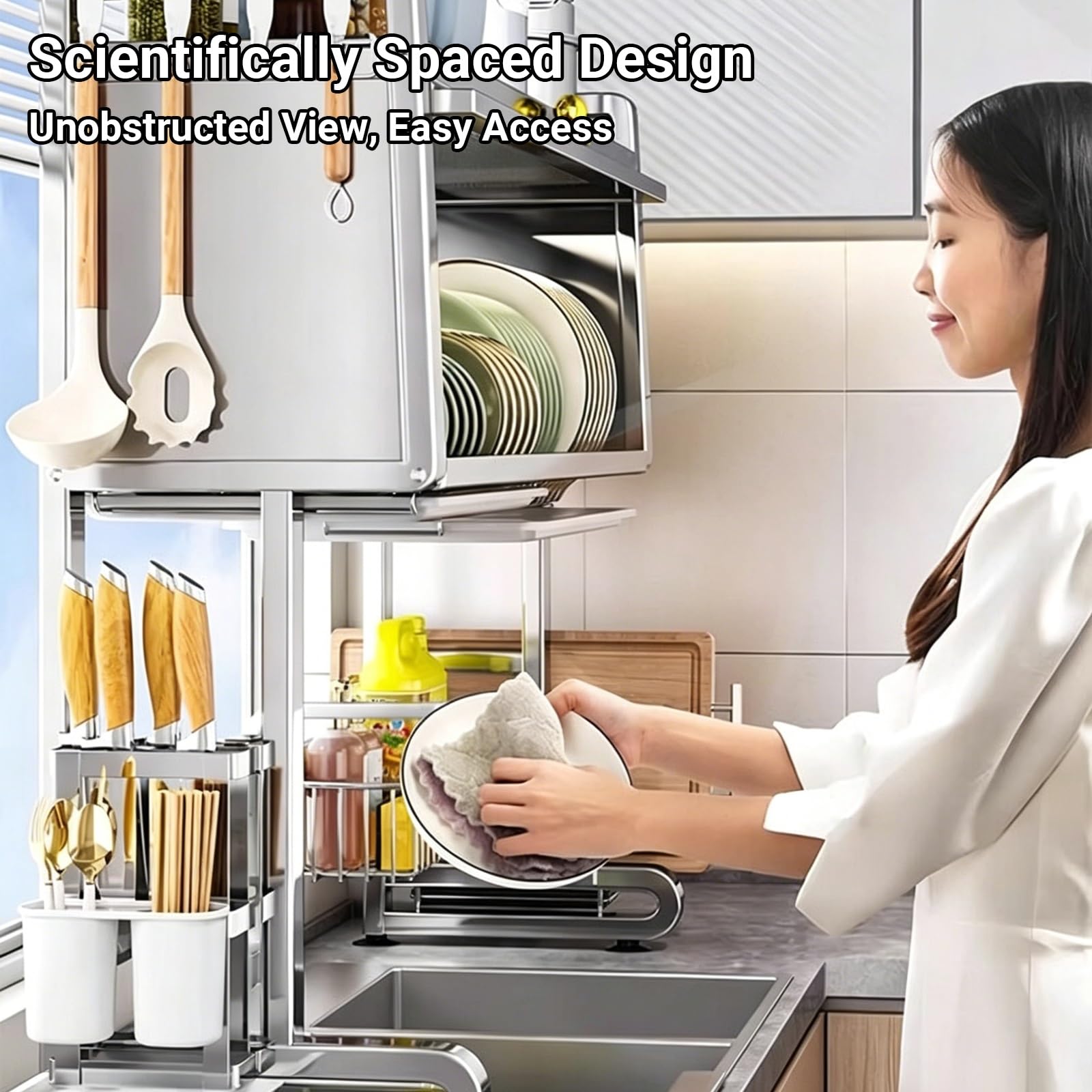 Escurridor de platos de acero inoxidable para colgar sobre el fregadero, almacenamiento de cocina con puertas de armario, soporte para cubiertos, organización para platos y vasos, práctico ahorro de