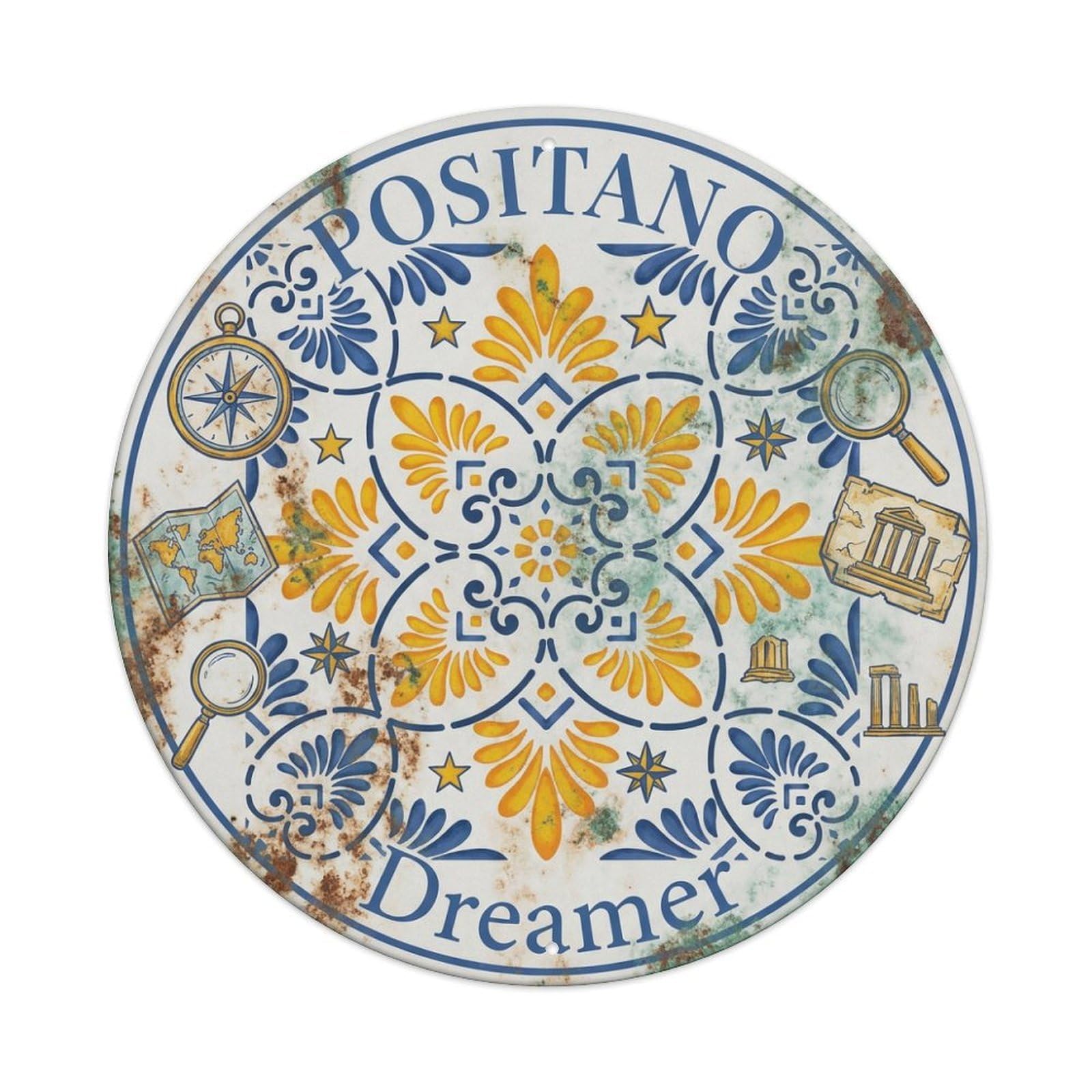 Vintage Travel Positano Italy Seeker Metal Tin Sign Plaque Wall Decor for Cafe, Club, Garden Round Metal Poster 8x8Inch