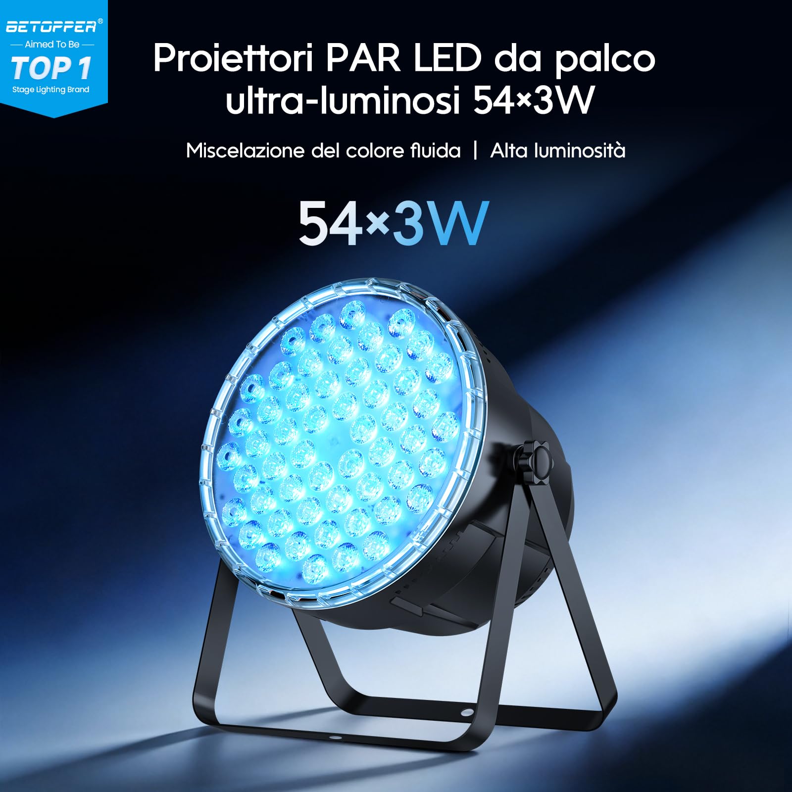 BETOPPER PAR LED 54x3W Faretti da Palco Par Can RGB 3-in-1 con Luminosità Superiore, Controllo Remoto, Effetti Stroboscopici e Wash DMX per Feste, Concerti, Matrimoni, Chiesa, Bar, Eventi(1pz)