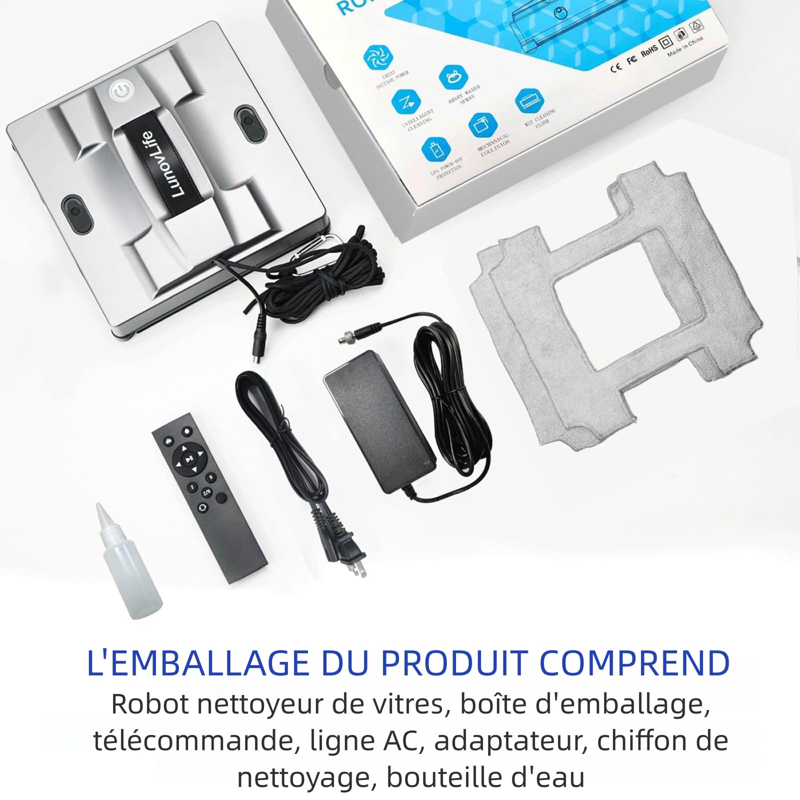 Robot Laveur de Vitre 5600Pa, Nettoyeur Vitre Automatique 6 Buses Pulvérisation, Aspirateur à Vitre Intelligent avec Télécommande & Corde de Sécurité, pour Fenêtres Intérieures et Extérieures