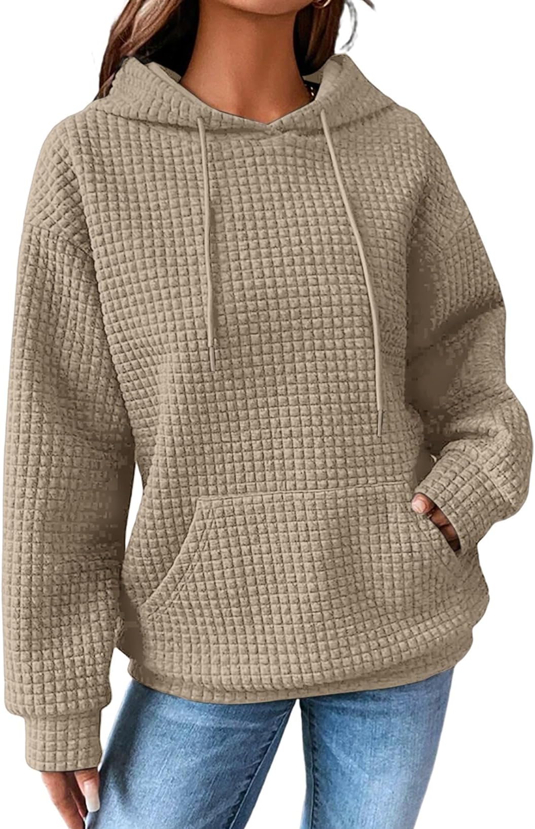 Womens Hoodies Casual Drawstring Waffle Pullover Tops Loose Hooded Sweatshirt with Pocket 2026
