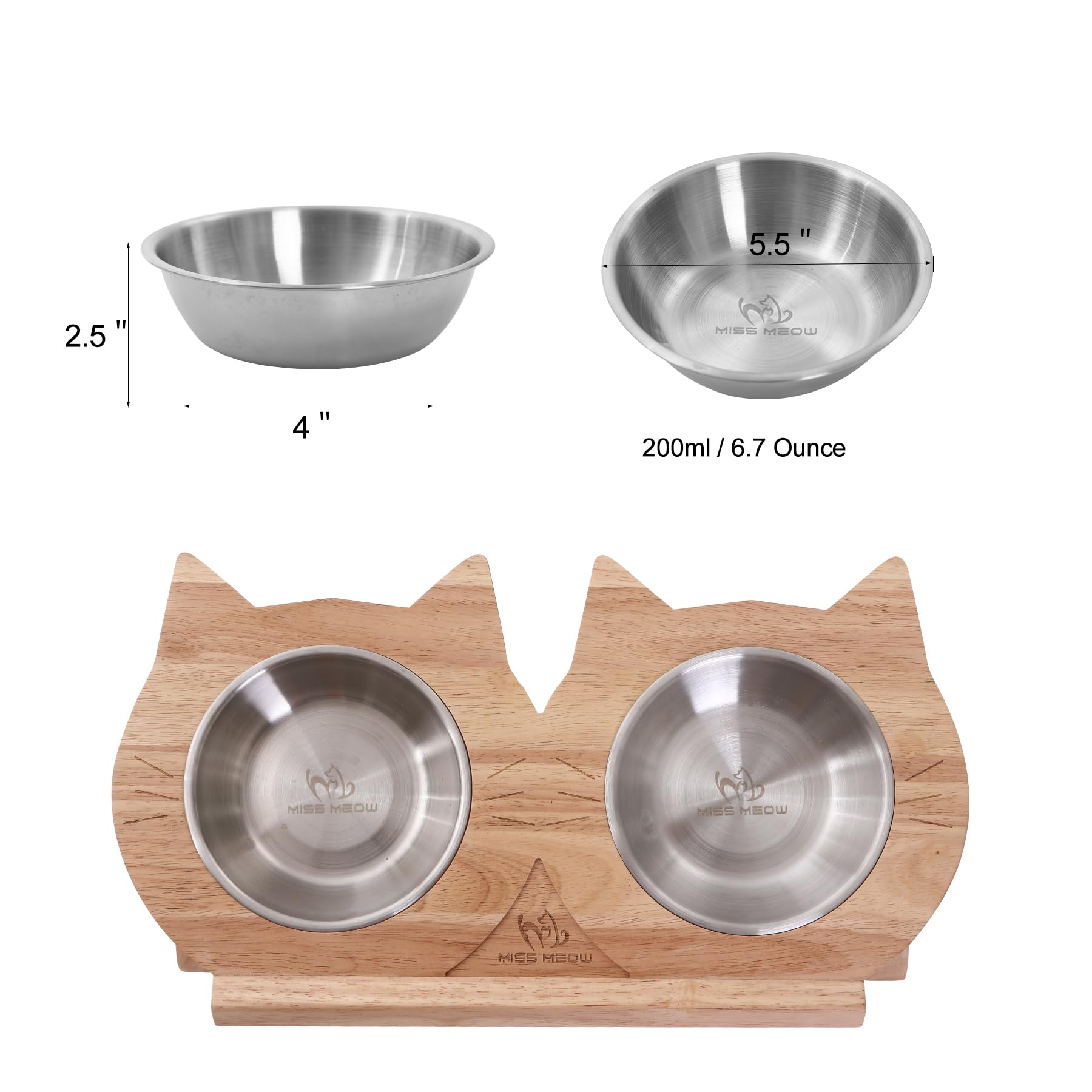 Miss Meow Elevated Cat Bowls Set for Food and Water, Raised Pet Bowls for Indoor Outdoor Cat with Anti Slip Feet (Stainless Still)