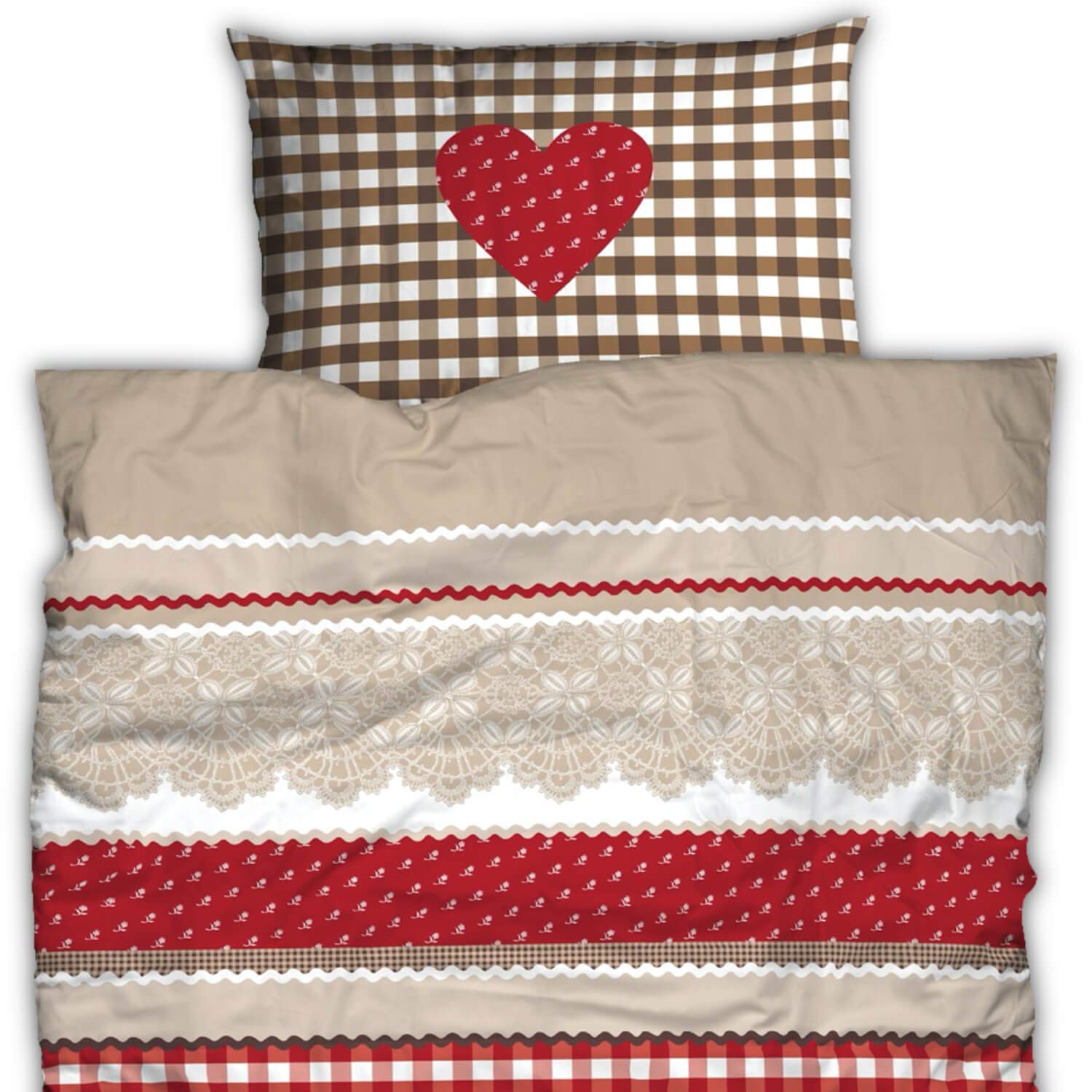CASATEX Renforcé Bettwäsche Landhaus Rot Braun Baumwolle Herz Karo Kariert Romantik, Größe:155 cm x 220 cm