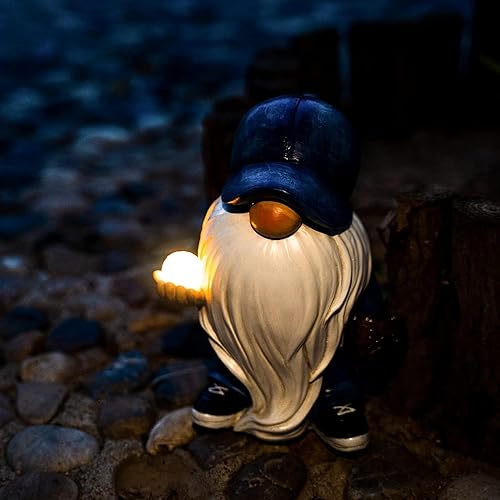 Miniatura 2 de Gnomo de béisbol azul para jardín, estatuas deportivas de resina para papá, luces LED solares, gnomo, divertido, lindo, decoración para patio y