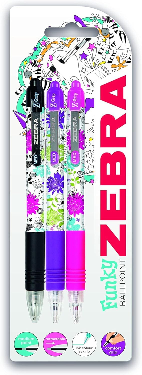 Zebra Z-Grip Funky Brights Retractable Ballpoint Pen - Black, Pink, Violet Floral Barrel - Coloured Ink, 12 stück (1er Pack) - Image 2