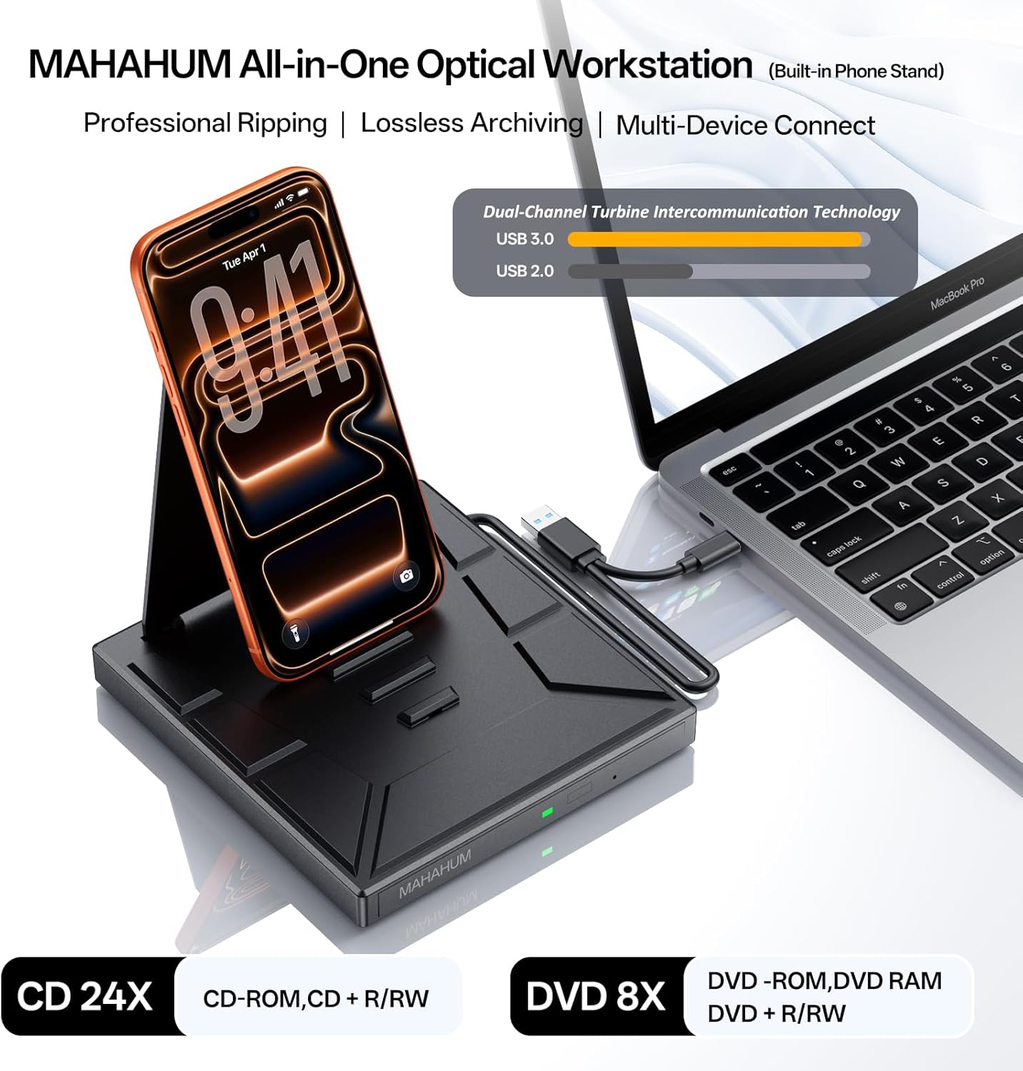 9-in-1 External CD/DVD Drive with Phone Holder, USB 3.0 & Type-C Portable DVD±RW/CD Burner, Plug and Play Optical Drive Compatible with Laptop PC, Desktop, Windows 11/10/8/7, Mac, Linux