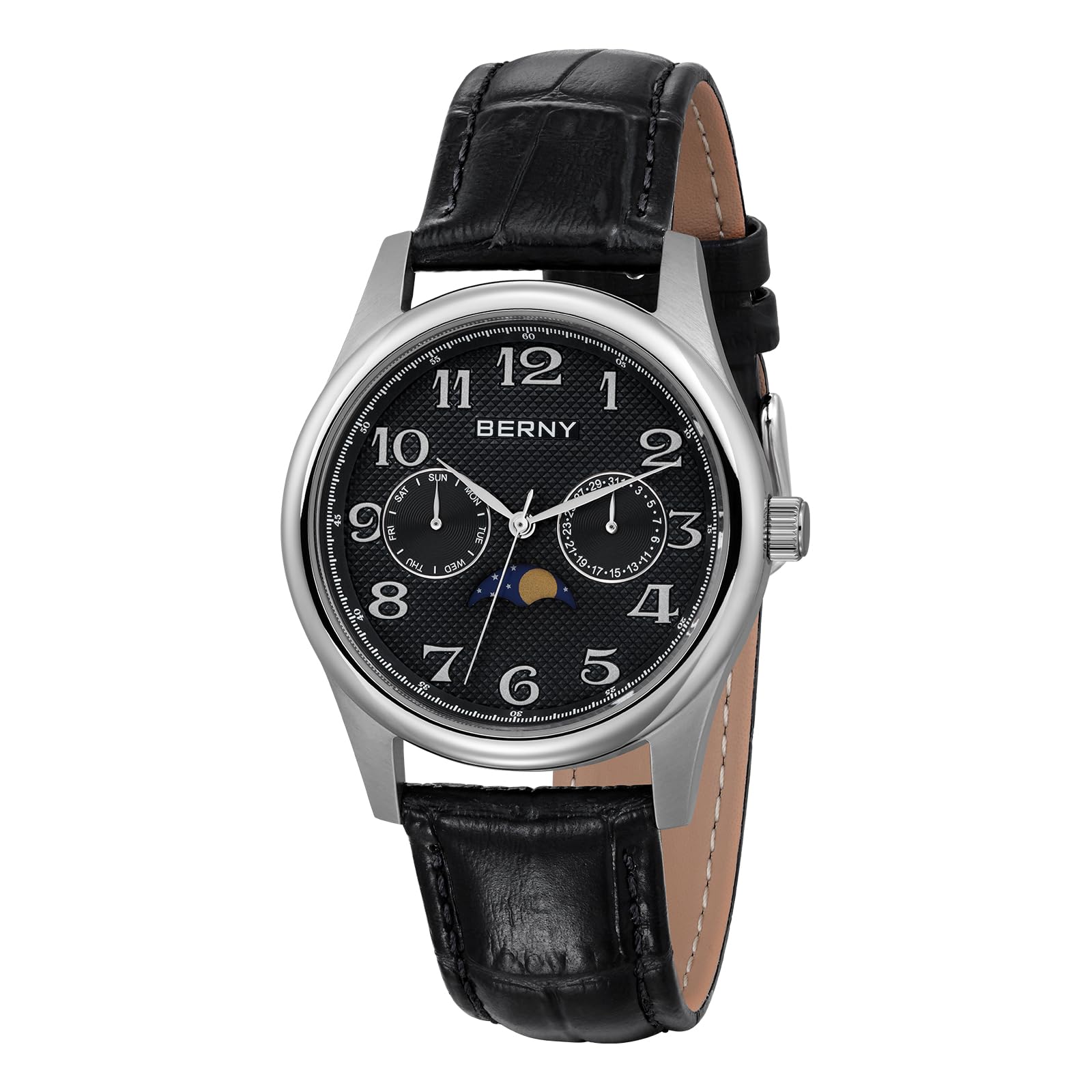 BERNY Orologio da uomo al quarzo Giorno Data Calendario Orologio da polso Impermeabile Lancette in acciaio blu Numeri arabi Facile lettura Relogio Masculino  1511