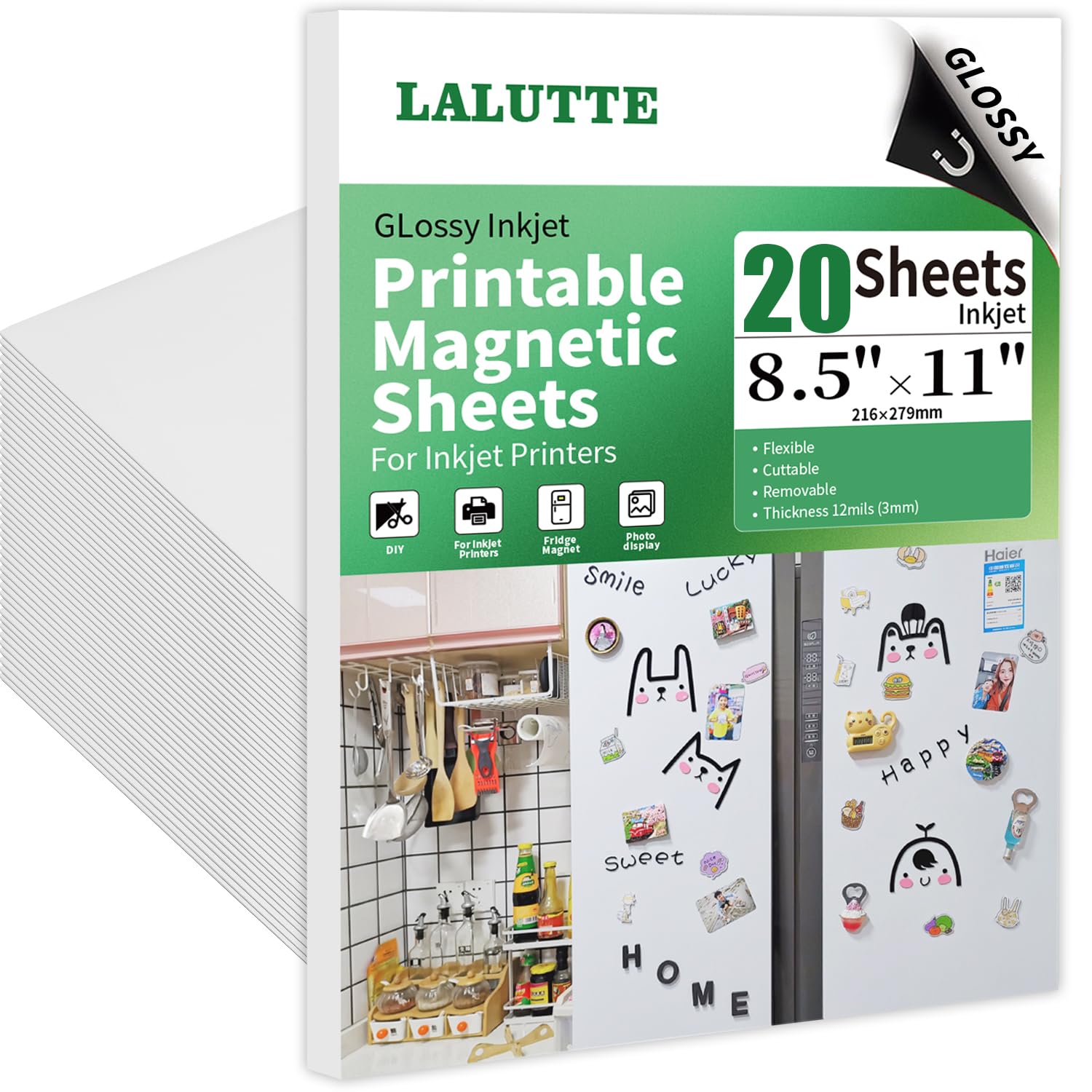 20Pcs 8.5x11 Inches Printable Magnetic Sheets for Inkjet Printers, Glossy White Magnetic Print Paper, 12mil Thickness, Flexible Magnet Photo Paper for