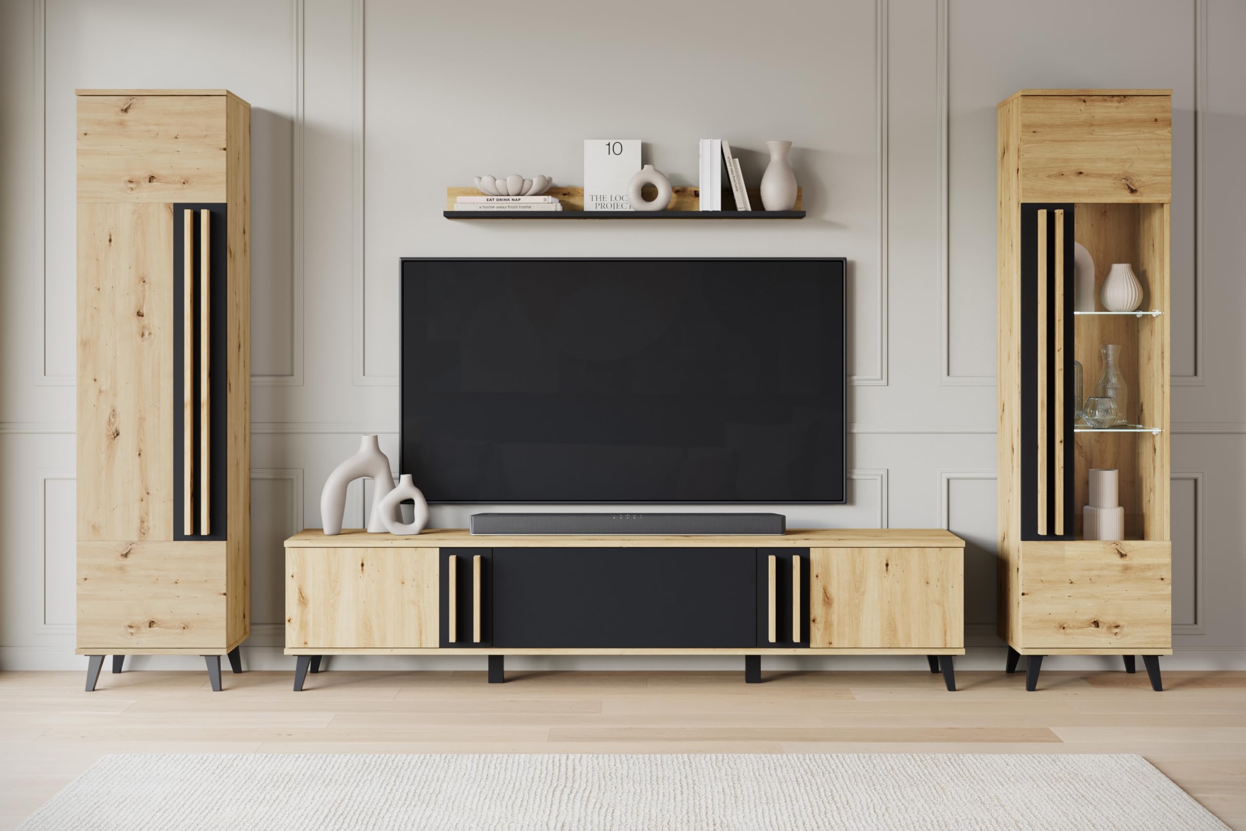 Conjunto Muebles de Salon Modernos Helsinki II - Juego de Mueble TV Salon, Dos Armarios Colgantes y un Estante Colgante - Comedor Completo sin LED