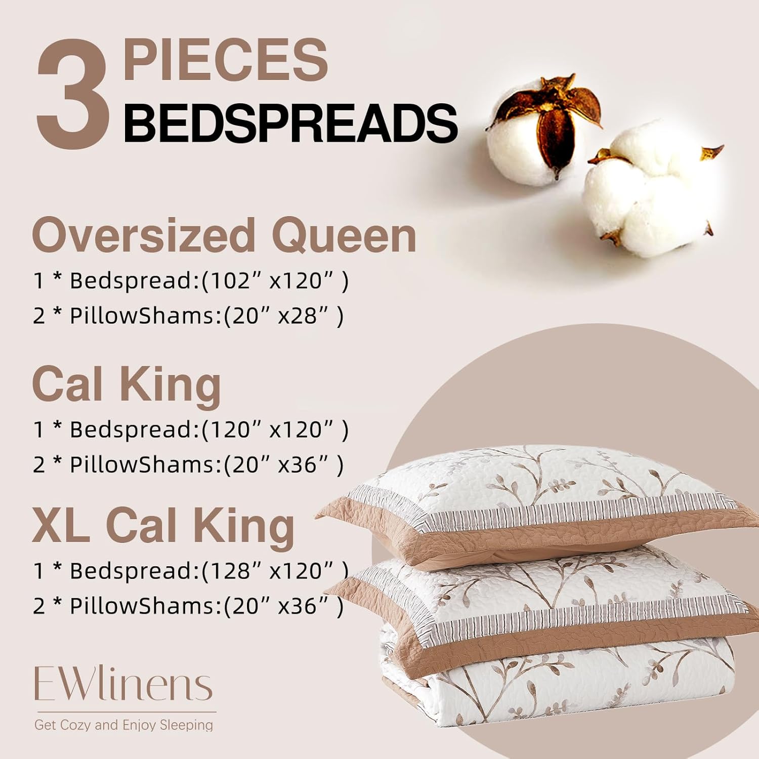 EWlinens 100% Cotton 120"x120" Oversized King Bedspread - Modern Floral Extra Wide Quilts King Size, All Season Lightweight Stripe Patchwork Quilt Bedspreads Coverlet Set, 3 Pieces, Brown/White
