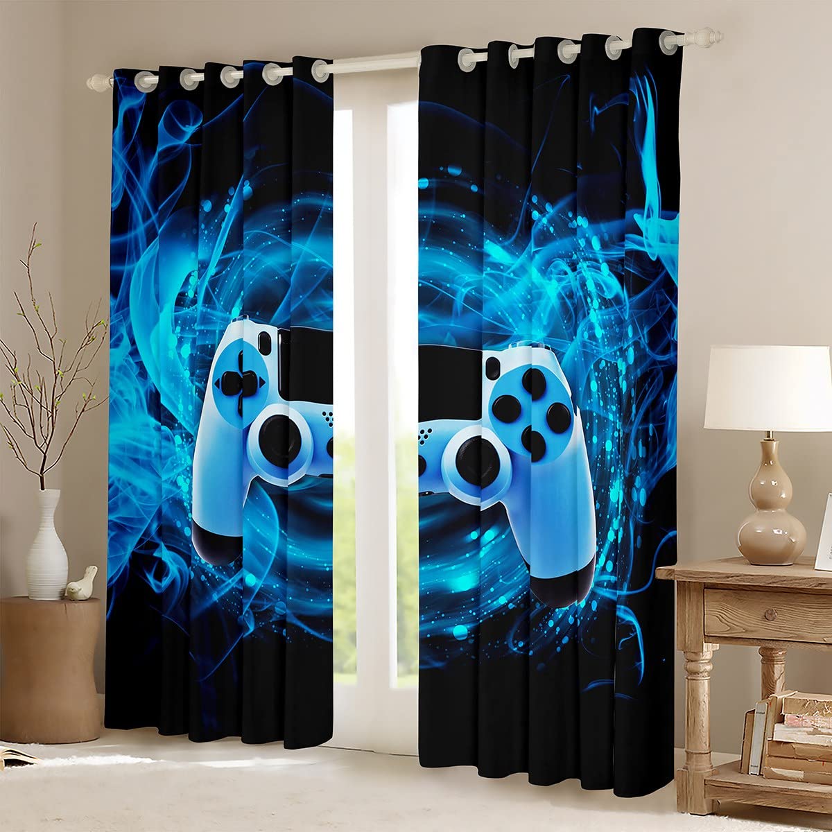 Loussiesd Games Curtain for Gaming Bedroom Living Room Gamer Room Curtains Kids Boys Video Game Gamepad Window Drapes Console Game Controller Curtain Blue W46*L72 - Image 3