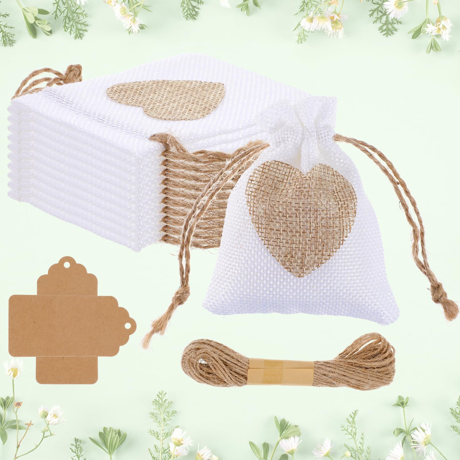 Lot de 10 petits sacs à cordon de serrage 10 x 8 cm en toile de jute avec cordon de serrage, étiquettes et ficelle, réutilisables pour mariage, fête, bijoux, Noël, café, loisirs créatifs (blanc)