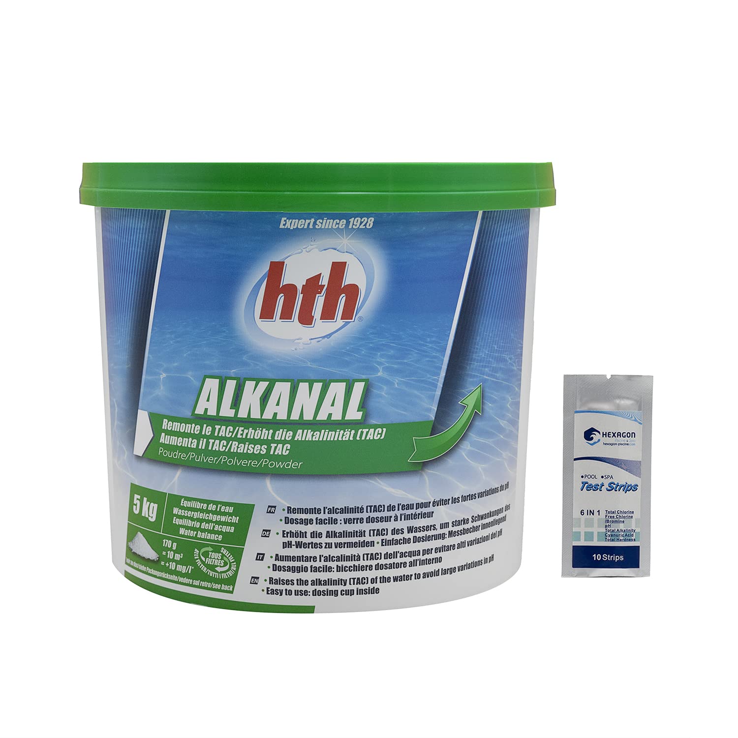 HTH ALKANAL Poudre - 5kg | Correcteur TAC - Augmente l'Alcalinité + 10 Tests HPS OFFERTS 6 en 1