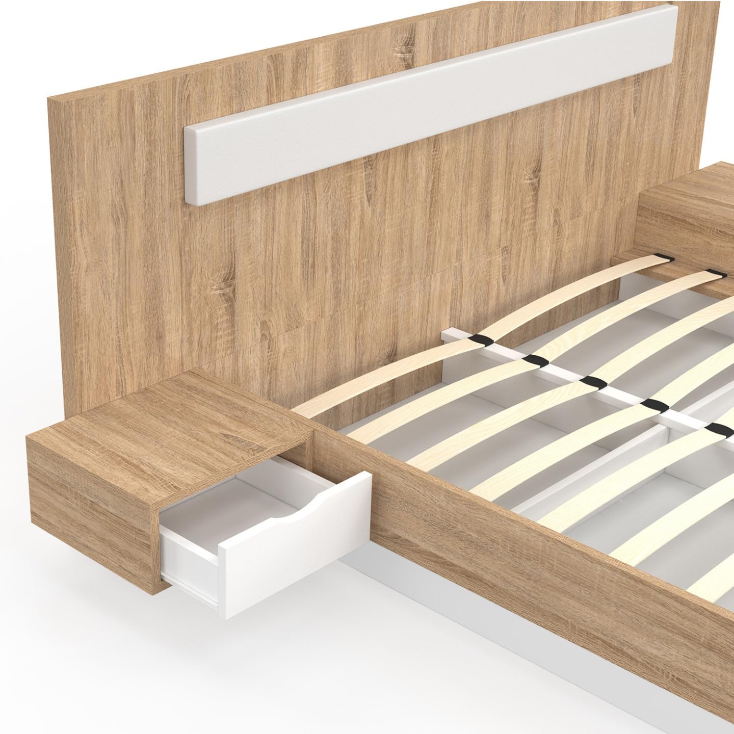 IDMarket - Lit Double Santa avec tête de lit + Tables de Chevet intégrées et sommier 160 x 200 cm Bois et Blanc
