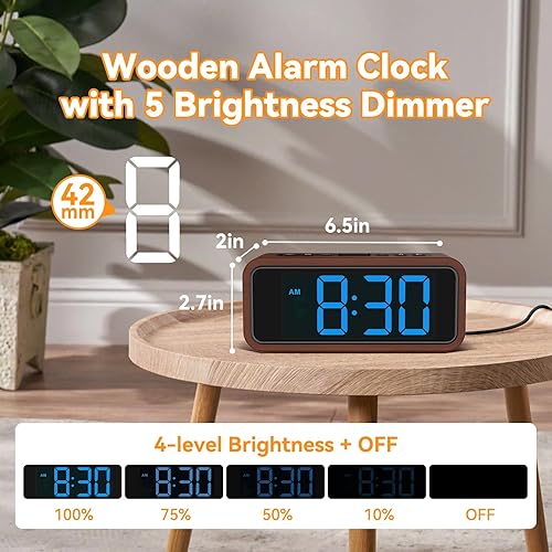 Miniatura 4 de Netzu Reloj despertador de madera, reloj digital fuerte con 5 volúmenes, 12 tonos de llamada, horario de verano manual, reloj despertador enchufable