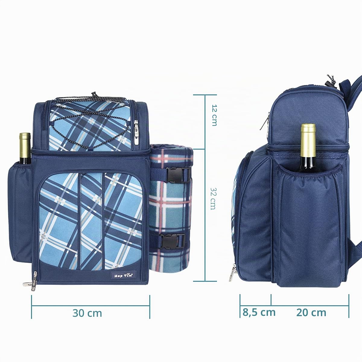 Hap Tim Panier de Pique-Nique pour 2 Personnes, avec Compartiment Isotherme Anti-Fuite, Porte-vin, Couverture Polaire et Couverts, Parfait pour la Plage, Le Camping, Les fêtes (EU-36083-BL)
