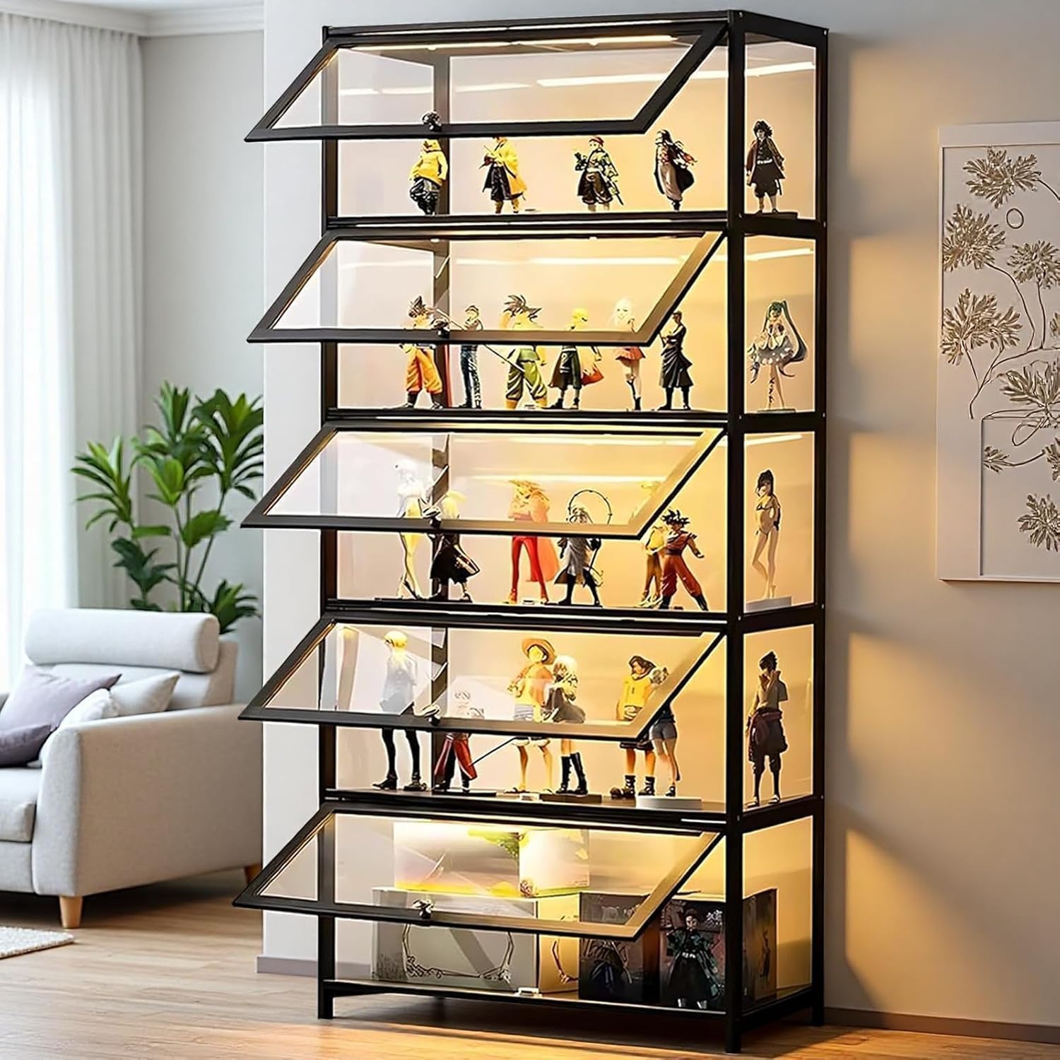 Armadio con porta in vetro acrilico, custodia di 5 livelli, Organizzatori di giocattoli da collezione Rack & Display Shelf, libreria per bambini per camera da letto (Coperchio nero)