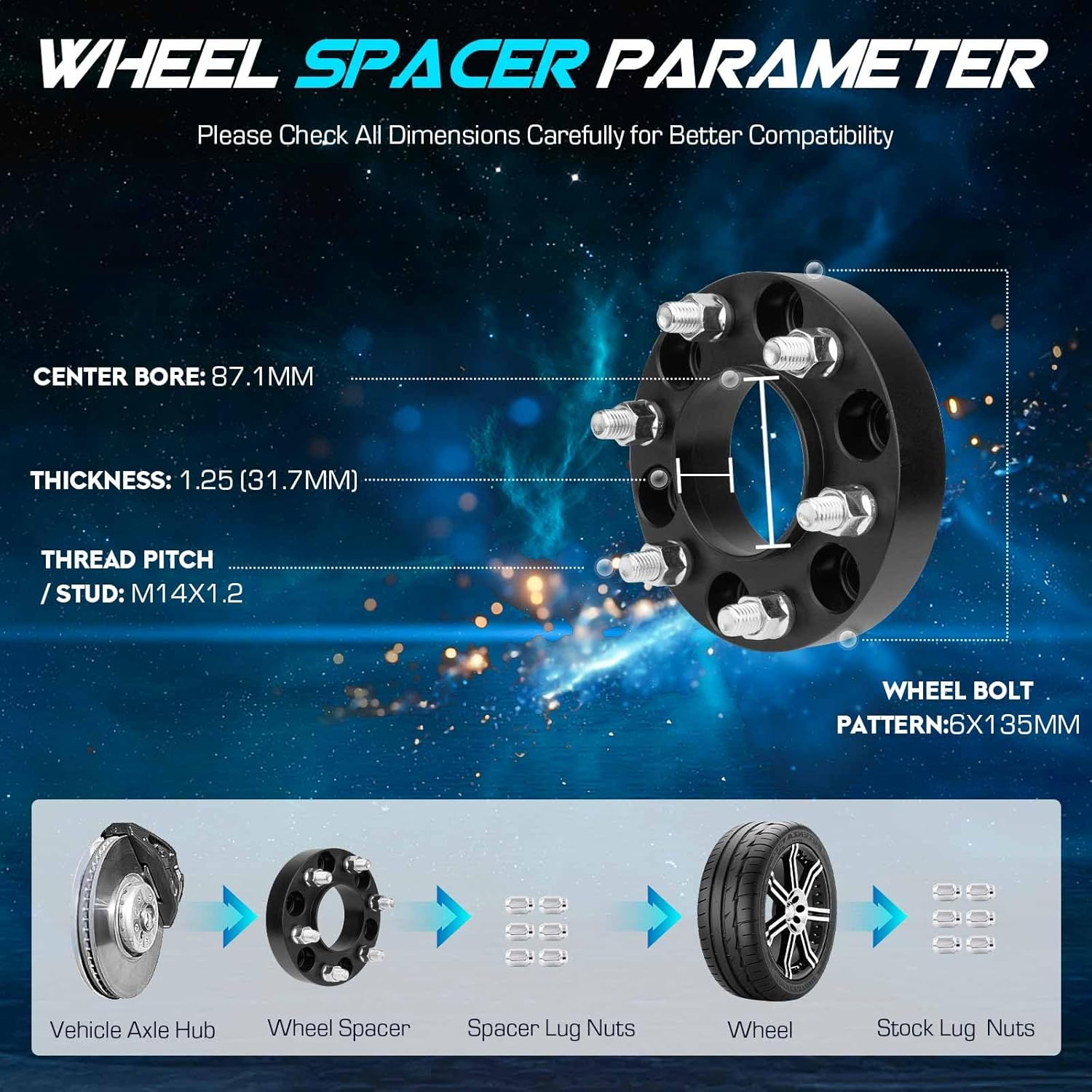 6x135mm 1.25 inch(31.75mm) Hubcentric Wheel Spacers 87.1mm Bore for 2004-2014 Ford F150 2WD 4WD & Expedition, M14x2 Studs 6 Lugs Wheel Adapters fits 2005-2014 Lincoln Mark LT & Navigator , Set of 4