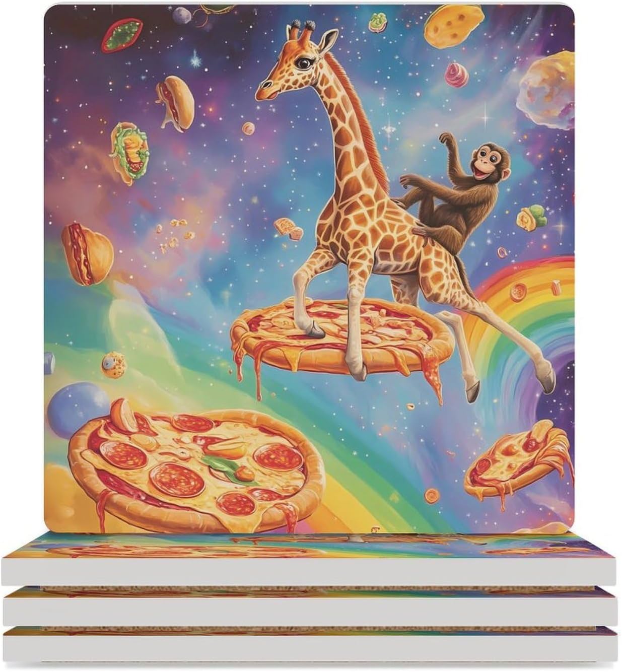 Monkey Giraffe Pizza Slice Galaxy Funny Ceramic Coasters for Drink Absorbent Cup Holders Tabletop Protection