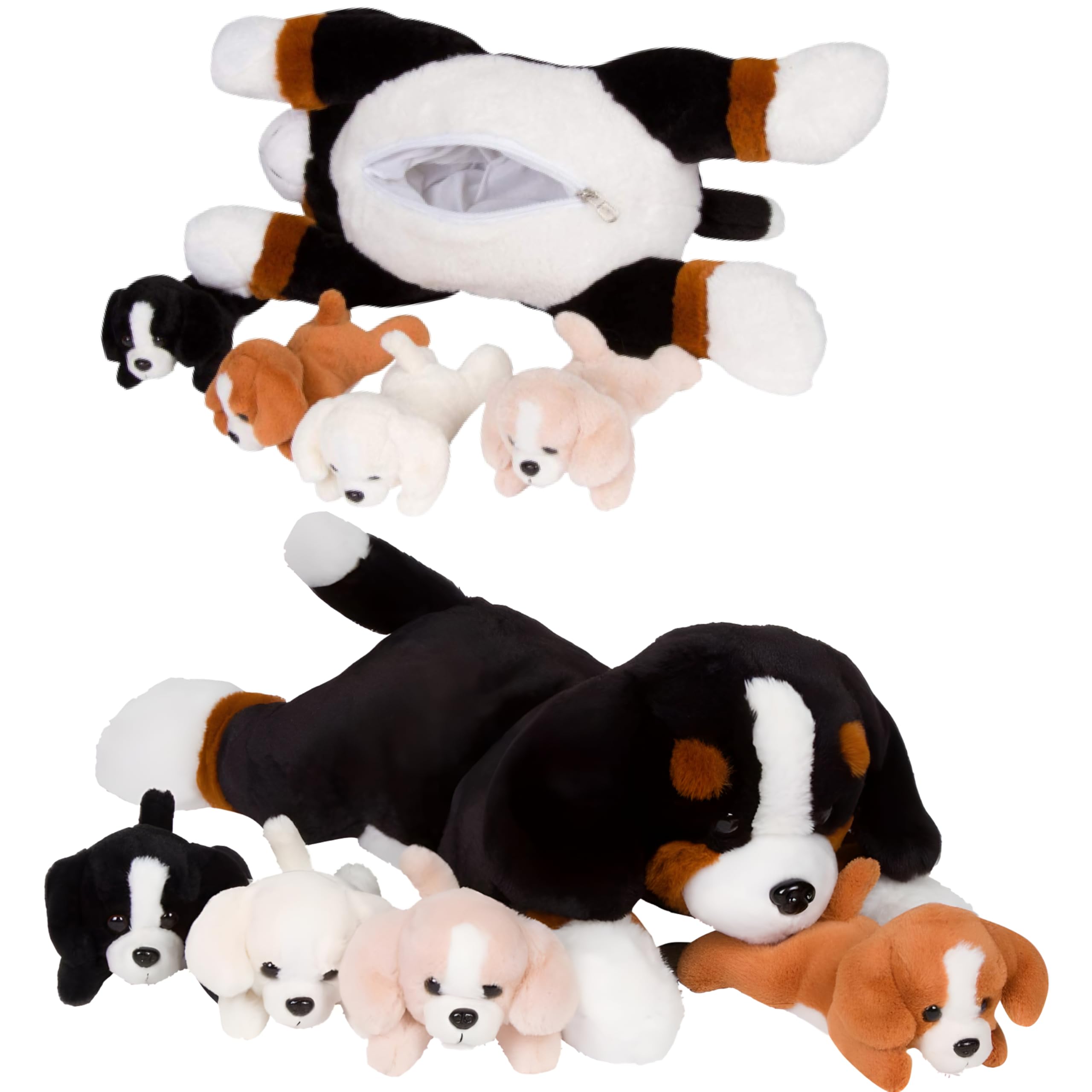 PixieCrush Dog Soft Toys Set of 5 with stuffed dog and 4 puppies, Bernese dog plush with zippered belly that fits her puppy plushies, Ideal girls birthday presents