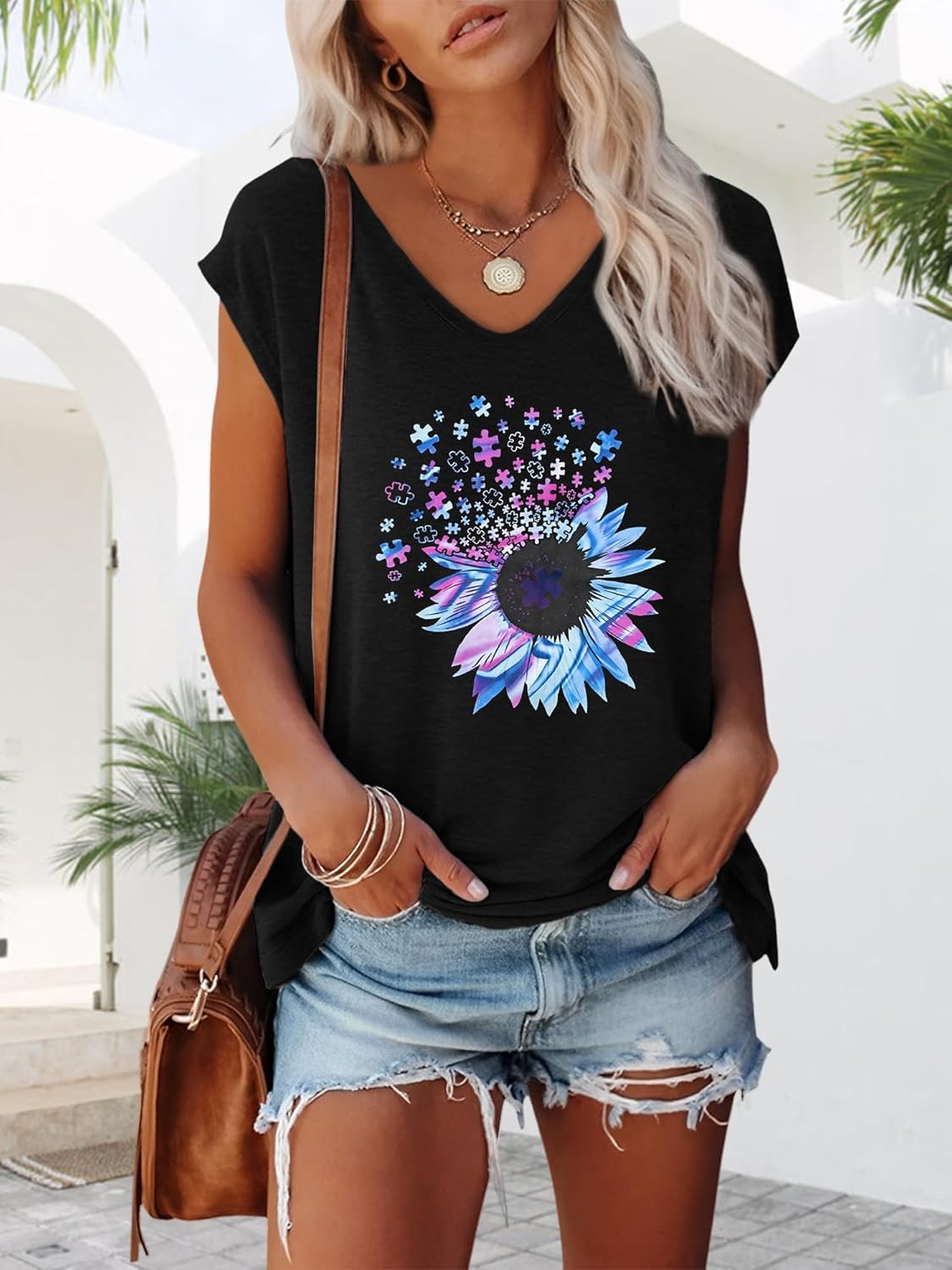 Anbech Cap Sleeve Tops Women Graphic V Neck Shirt Solid Print Casual T-Shirts - Image 3
