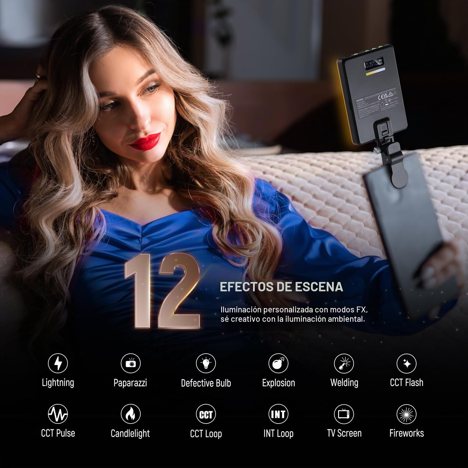 NEEWER Basic VL67B Luz Selfie Móvil y App Control, Bicolor CRI97 2000mAh Luz de Relleno para iPhone con Cold Shoe Mount, Delantero y Trasero Clip para Vlog, Live Stream, Maquillaje y Videoconferencia