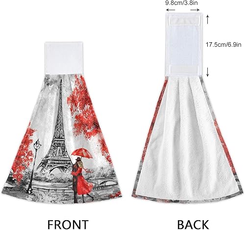 Miniatura 4 de WELLDAY 2 toallas de mano para colgar, suaves, absorbentes, color rojo, paris, para cocina, baño