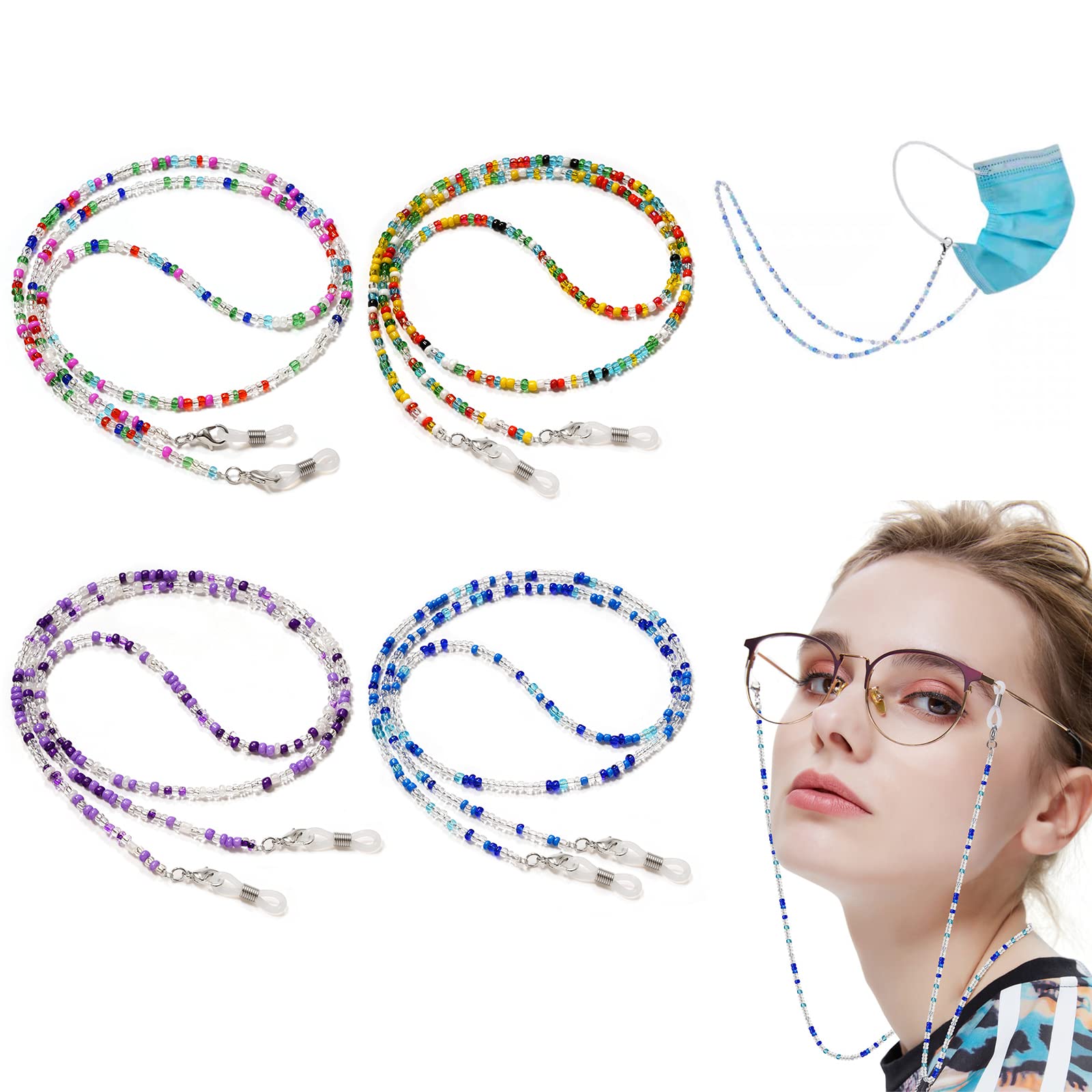 Hanyousheng Cadena Gafas, Cordones para Gafas, 4 Piezas Gafas Cadena Fija, Multicolor Cadenas para Gafas Con Cuentas, Cadena Gafas Mujer, Cordon Gafas Mujer, para Gafas, Gafas de Sol, Gafas de Lectura