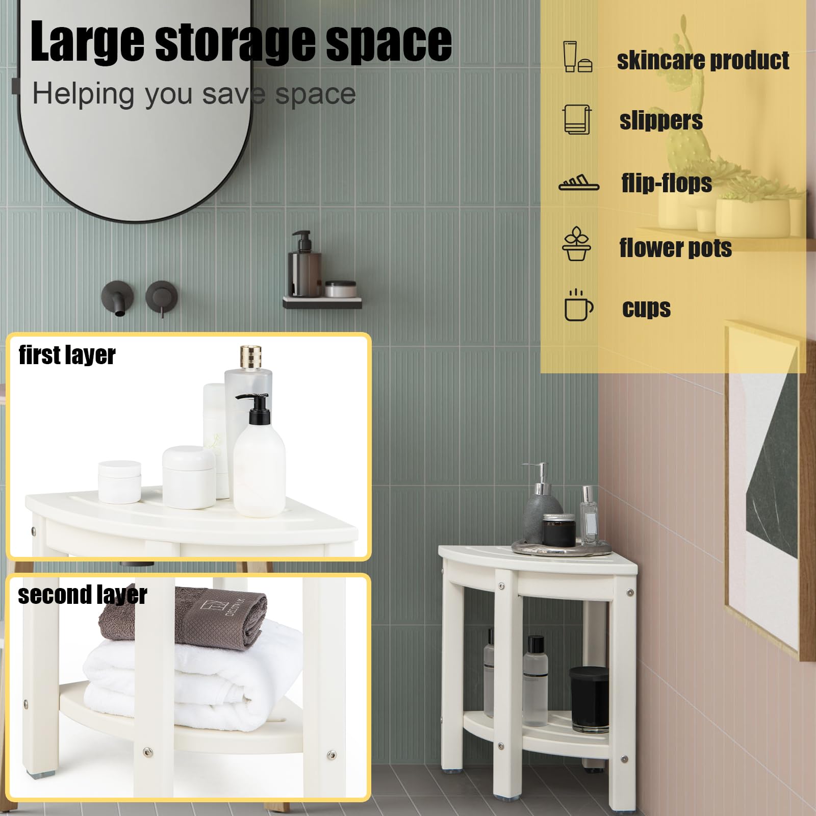 HOMASIS Taburete de baño Festoneado, Taburete de Ducha con 2 Estantes, Multiusos HDPE, Taburete Bajo y Ahorra Espacio, Impermeable y Antideslizante, Capacidad de Carga 150kg, 32.5 x 43.5cm (Blanco)