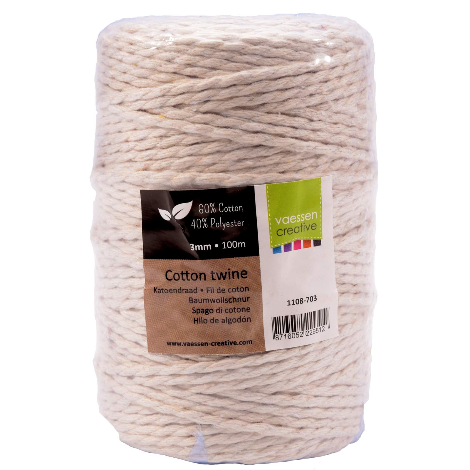 Vaessen Creative Twine String, White, 3mm x 100m, Cotton Mix Macramé Rope for Gardening, Threading Beads, Boho Décor, Making Friendship Bracelets and DIY Crafts