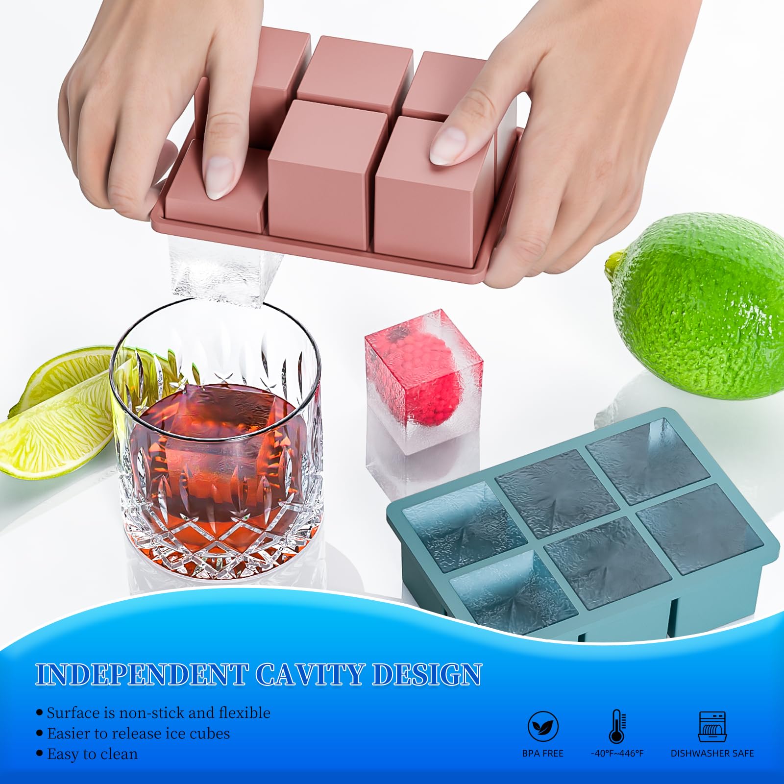 HANCELANT große Eiswürfelform für Whiskey, 3 Stück, große quadratische Eiswürfelform aus Silikon mit abnehmbarem Deckel, 5,1 cm, riesige quadratische Eiswürfelform für Whisky und Cocktail (blau + grün