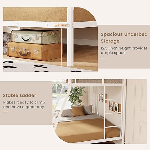 Miniatura 14 de DORTALA Litera de tamaño individual sobre matrimonial, marco de cama de metal con escalera, riel de seguridad y listones de acero, literas que Negro