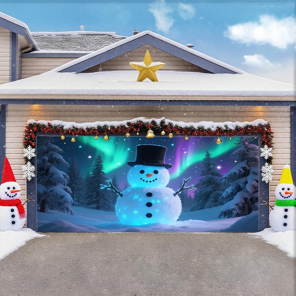 Zfflyh Aurora Snowman Christmas Garage Door Cover Banner Decoration Large Backdrops Holiday Door Cover Mural For Christmas Decoration For Xmas Eve Holiday Outdoor Wall Decor,,6.5X5ft