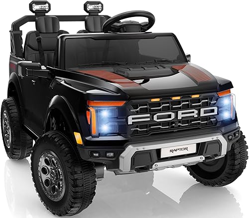 First Ride On Juguetes de paseo de 24 V para niños grandes, auto con licencia Ford F-150 Raptor de 2 plazas para niños con control remoto, automóvil