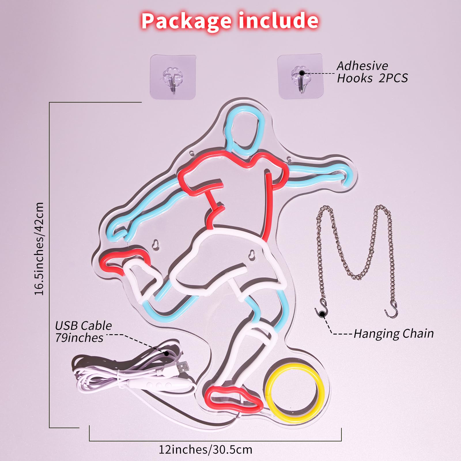 Lampada al neon a forma di giocatore di calcio, dimmerabile, luce notturna a LED, decorazione per feste di calcio, decorazione per camere da letto e regali, decorazione da parete sportiva rossa, 42,4