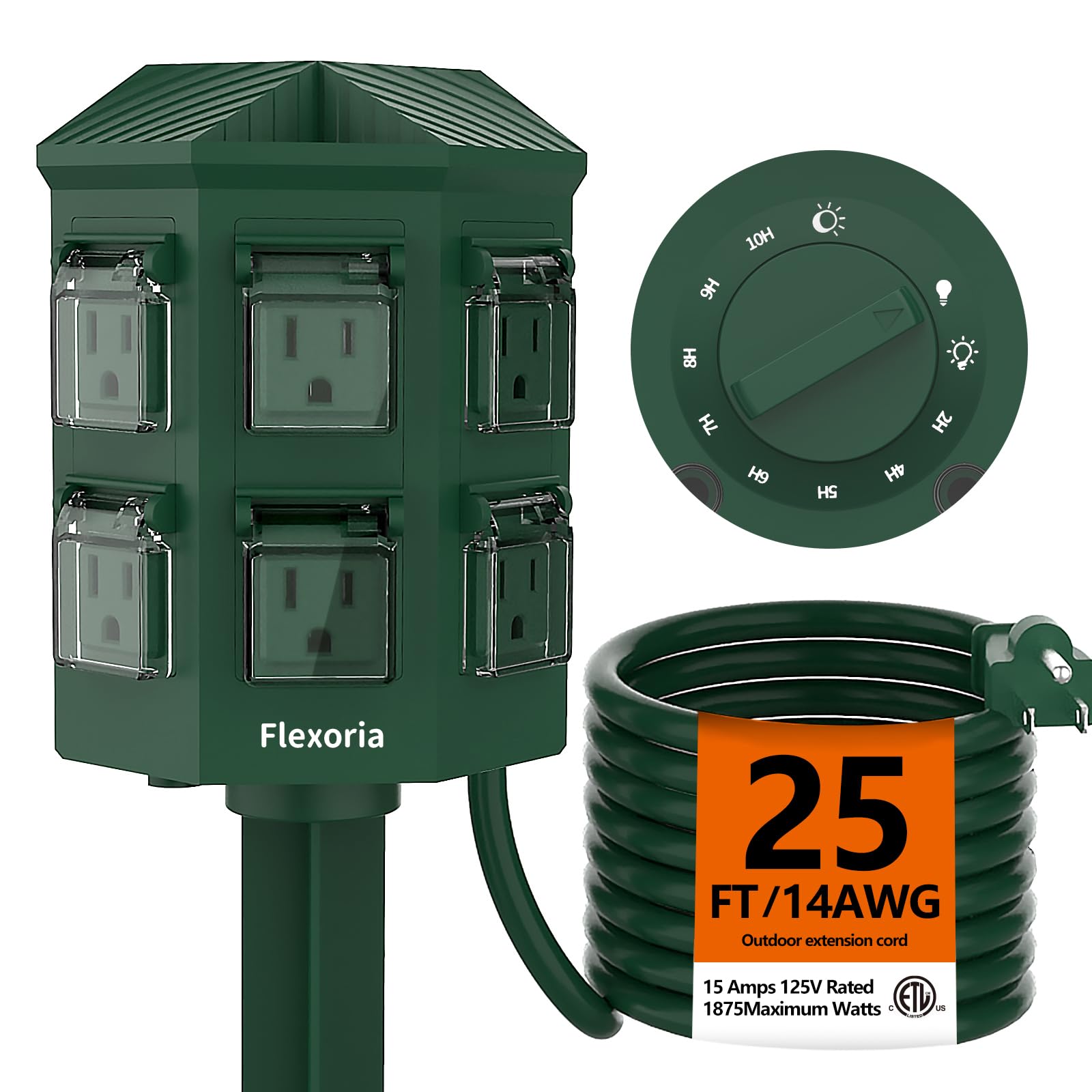 Steckdosenleiste für den Außenbereich, wasserdicht, Lichtsensor von Dämmerung bis Morgendämmerung, Countdown, 1,8 m Verlängerungskabel, 6 geerdete Steckdosen für Dekorationen