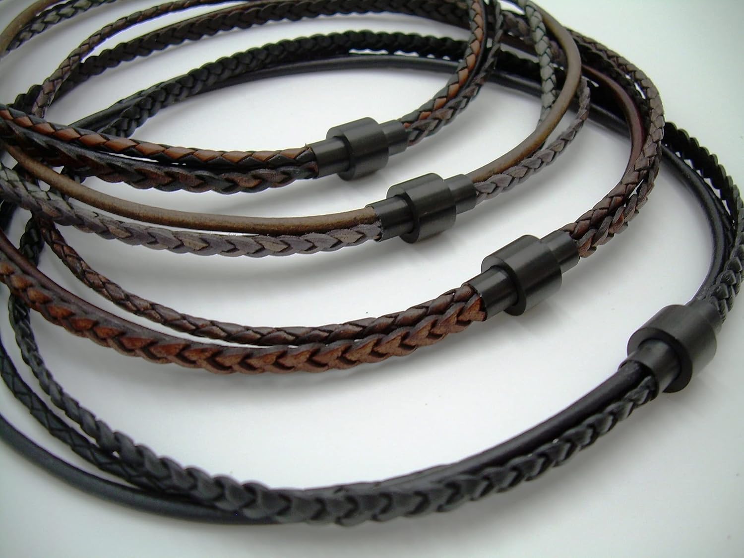 Handmade Triple Strand Braided and Smooth Leather Cord Chain Necklace with a Matted Black Stainless Steel Clasp - Genuine Leather Necklace for Men Women Available sizes: 16,18,20,22,24 inch or Custom