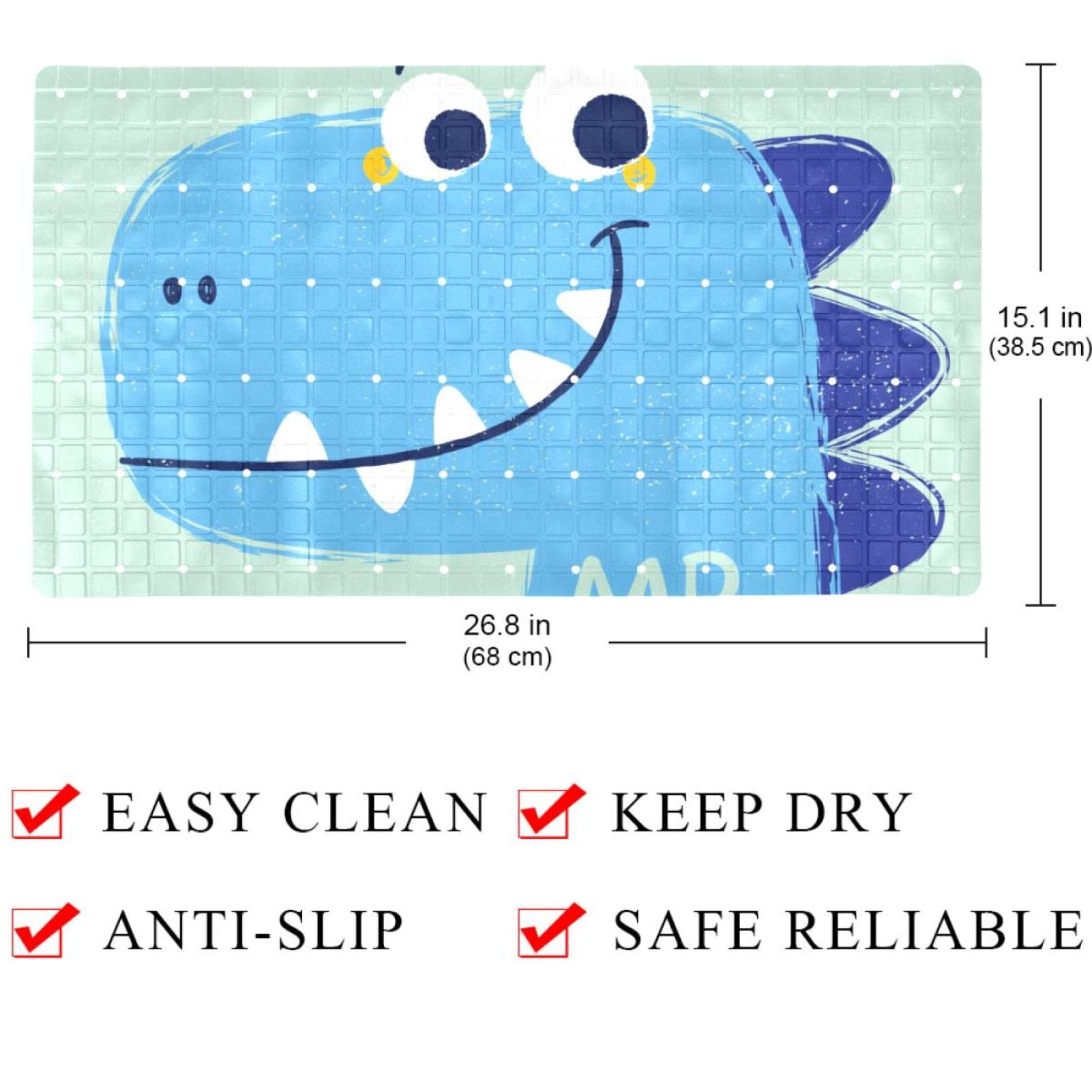 Rutschfeste Badematten mit süßem blauem Dinosaurier-Motiv, für Badezimmer, rechteckige Badewannenmatte, maschinenwaschbar, 39 x 70 cm