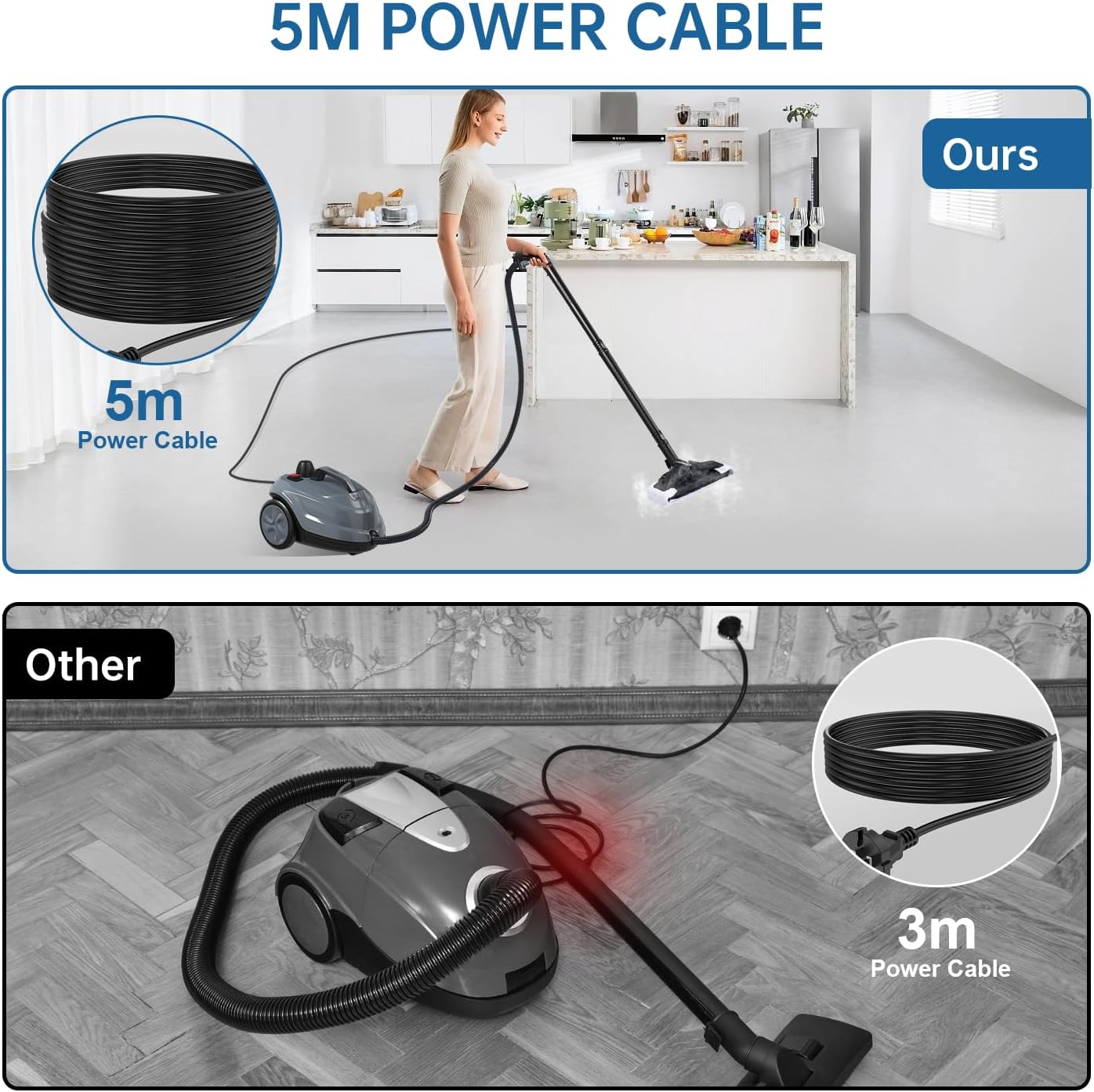 Steam Cleaner, Powerful Heavy Duty Canister Steamer with 34 Accessories, Steam Mop with 16.4 Ft Extra-Long Power Cord for Home Floor Cleaning, Grout, Upholstery, Car Detailing, Grey