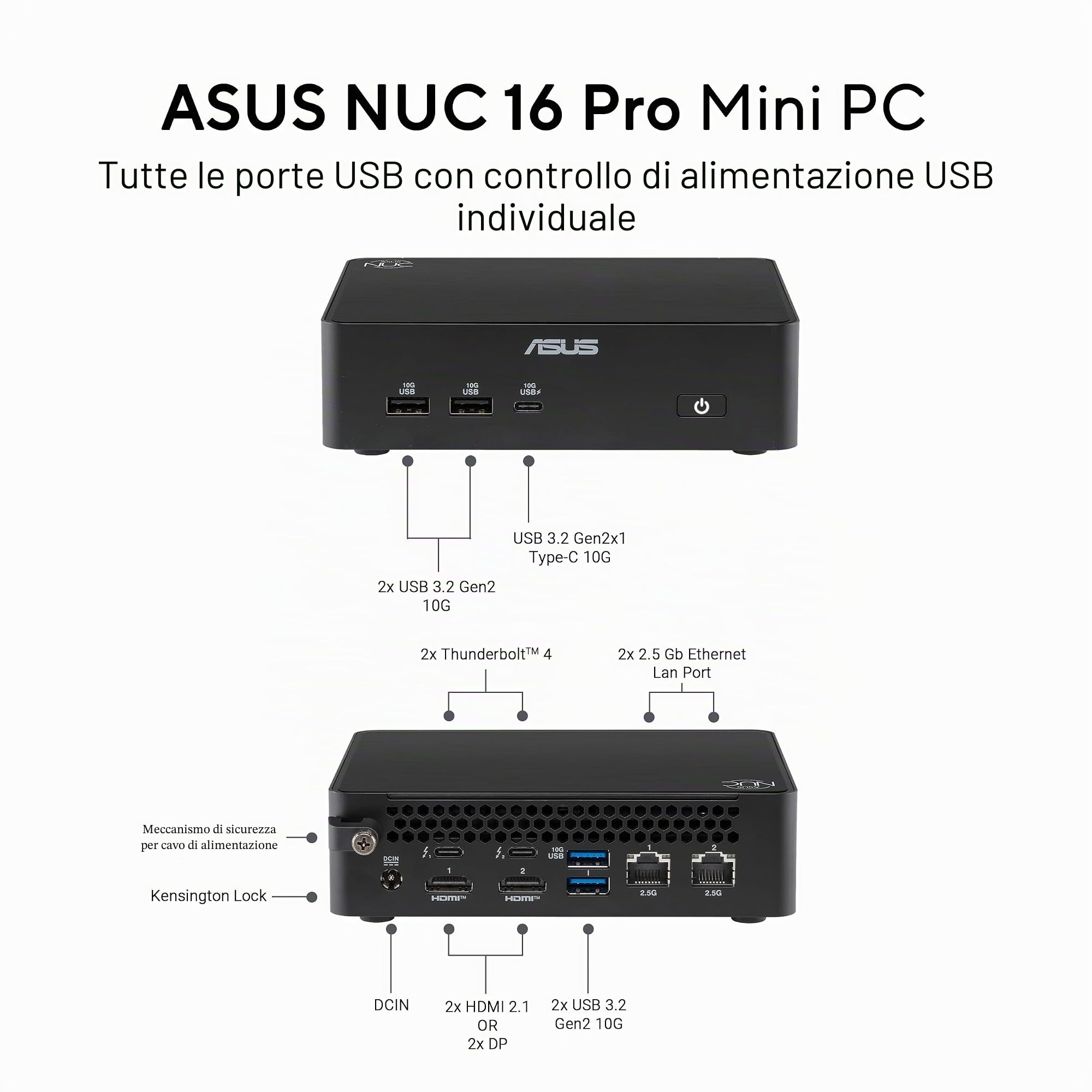 ASUS NUC 16 PRO, Intel Core U5 325, Barebone (No Ram/SSD), Nero | DDR5-5600, Scheda Grafica Integrata, Wi-Fi 7, Bluetooth 6, Ethernet 2,5G, Compatibile con Windows 11 Pro e Windows 11 Home